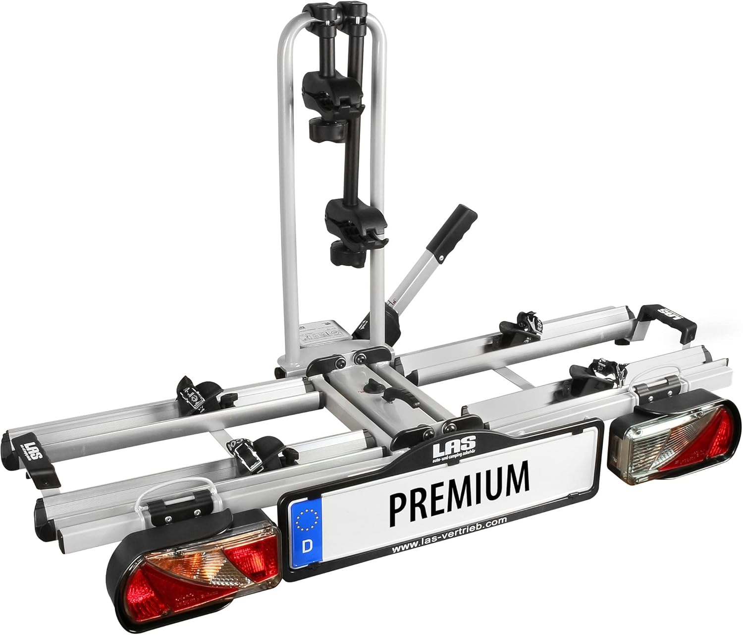 EUFAB 12010LAS Fahrradträger POKER-F, E-Bike geeignet, komplett vormontiert, Diebstahlschutz, für 2 Fahrräder, für Anhängerkupplung, Schwarz, 142 x 70 x 58 cm