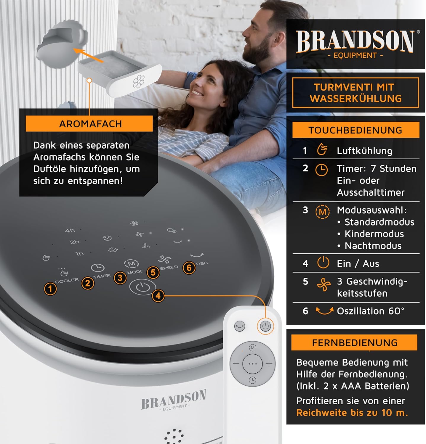 Brandson - Turmventilator mit Wasserkühlung - Preisträger 2025 - Verdunstungskühler - Luftkühler - Ventilator - mobile Klimaanlage ohne Abluftschlauch - 5 in 1 - leise - 4,6 L Wassertank - weiß