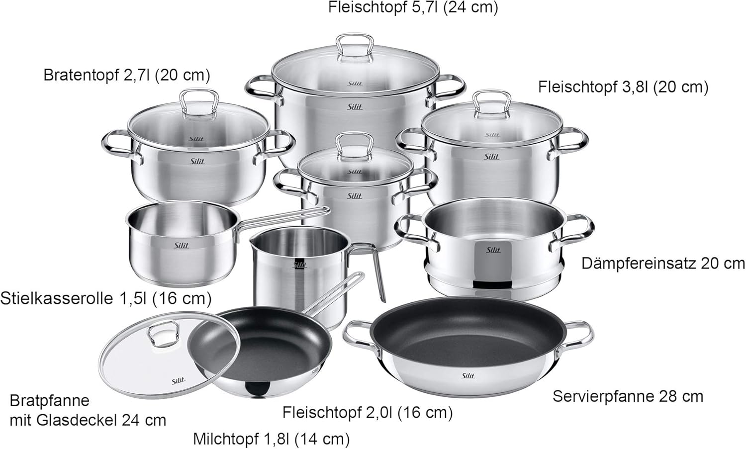 Silit Toskana Topfset induktionsgeeignet 10-teilig, Kochtopf Set mit Glasdeckel, Induktionskochtöpfe, Milchtopf, Dämpfer, Pfanne, Edelstahl teilmattiert, Induktions Töpfe Set unbeschichtet