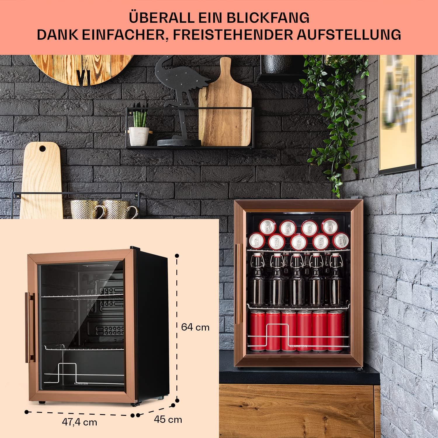 Klarstein Mini Kühlschrank mit Glastür für Zimmer, Getrnkekühlschrank mit Verstellbaren Ablagen, Kleiner 80 Liter, Indoor/Outdoor Kühlschrank Leise