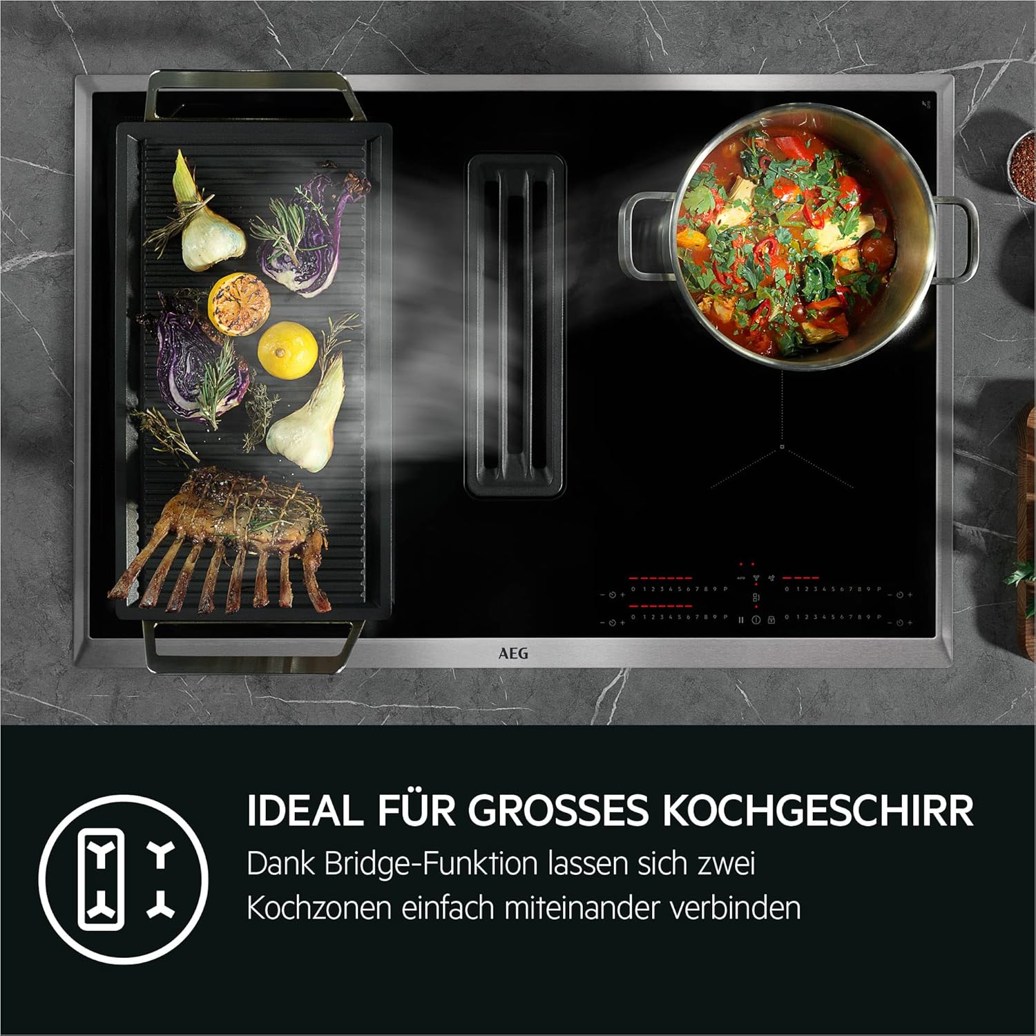 AEG IKE84441XB Autarkes Kochfeld / Herdplatte mit Touchscreen, Topferkennung & Hob²Hood-Funktion / Induktionskochplatte / 4 Kochzonen / Edelstahlrahmen / 80 cm Schwarz