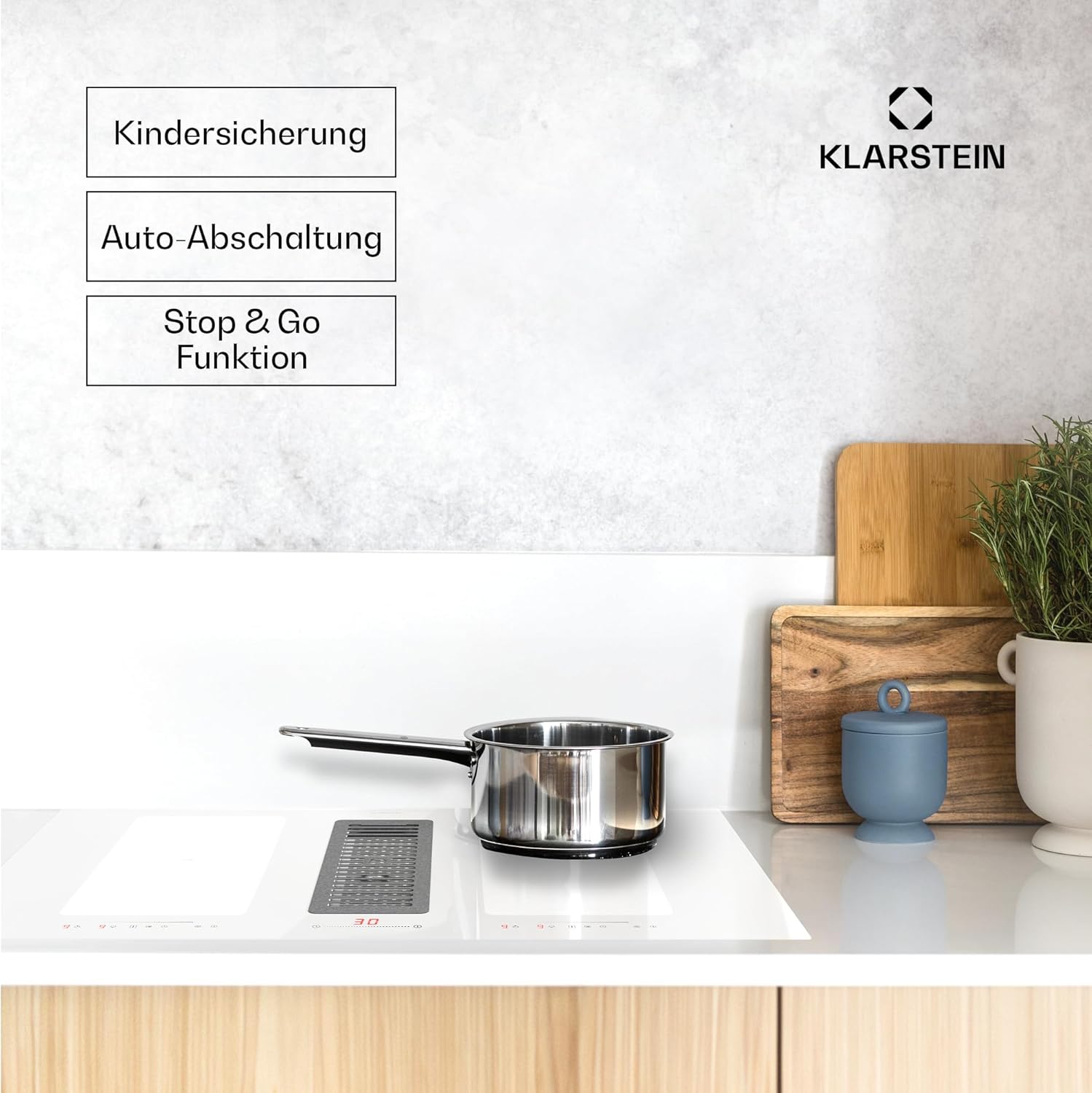 Klarstein 2-in-1 Induktionskochfeld mit Dunstabzug, Induktionskochfeld mit Abluft & Ventilator, 4-Zonen-Kochfeld, Glaskeramik-Einbauherd, Kochfeld mit Dunstabzug, Energieklasse A, 654m³/h Luftstrom
