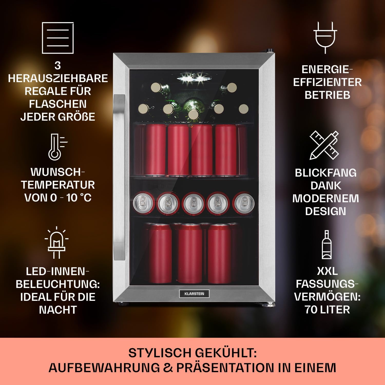 Klarstein Kühlschrank 70L, Kleiner Kühlschrank mit Herausnehmbaren Ablagen, Leiser Mini Kühlschrank mit Glastür & LED, Getränkekühlschrank Klein, Outdoor Geeignet, Biersafe für Flaschen, 0-10°C