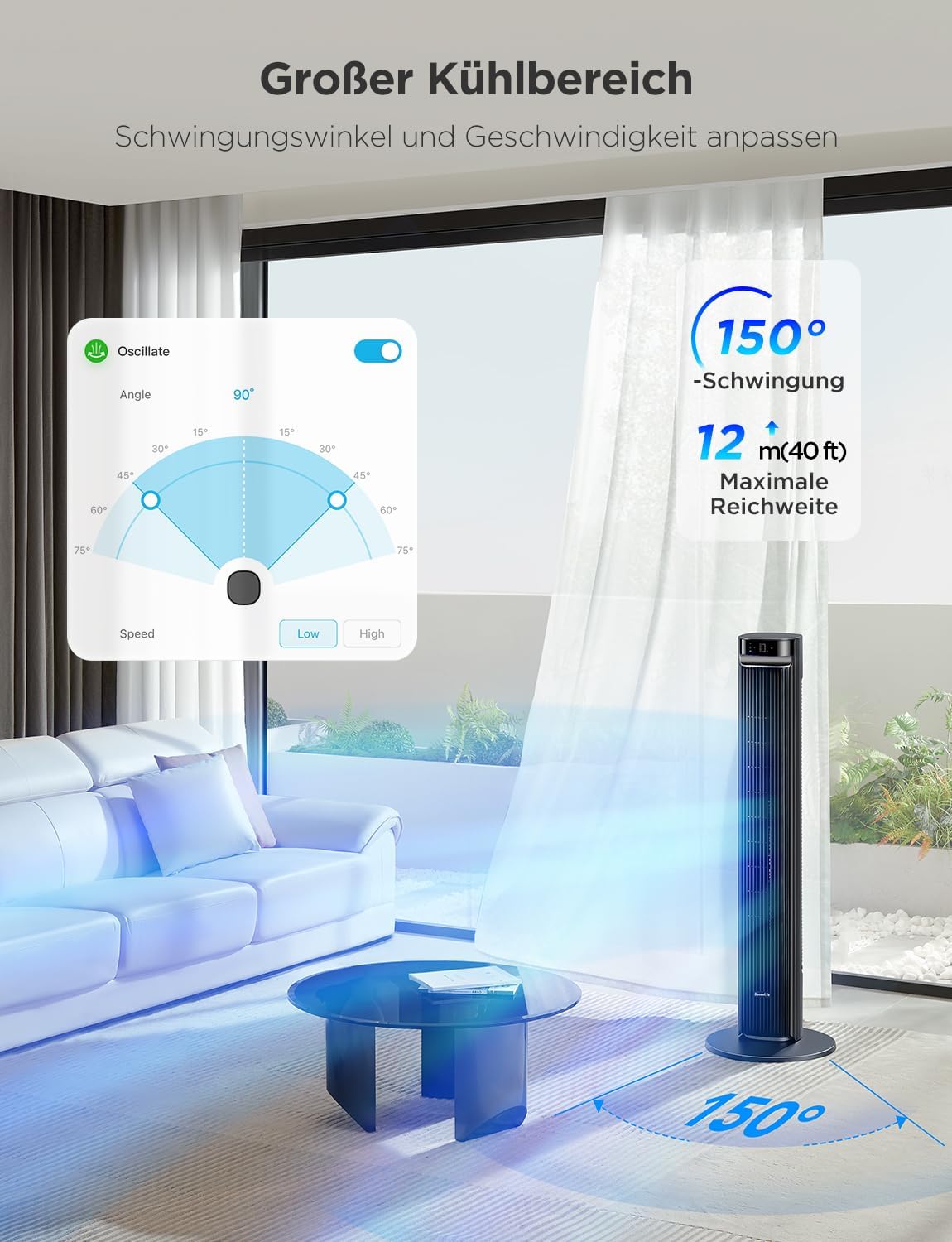 GoveeLife 27 dB leiser Ventilator, 12 Geschwindigkeiten bis zu 8 m/s, 5 Modi, 24-Stunden-Timer, intelligenter Turmventilator mit 150°-Oszillation, APP- und Sprachsteuerung für Zuhause, schwarz