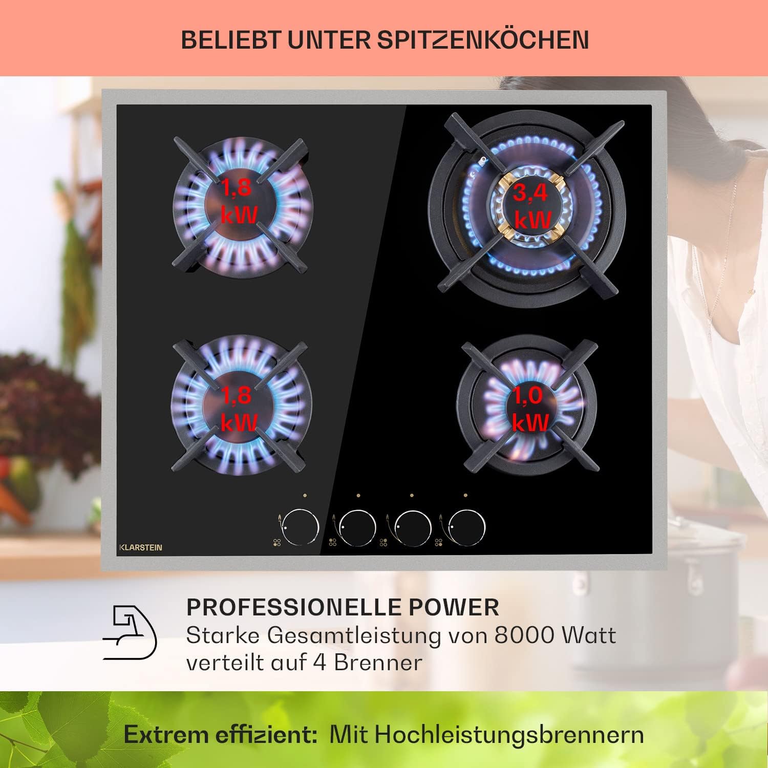 Klarstein Gasherd, Gaskochfeld 4 Flammig, Einbau-Gaskocher für Zuhause & Wohnmobil, Campingkocher mit Glasplatte, Gasherd für Propan- und Erdgas, Edelstahl Gas-Herdplatte Wok Brenner 8000 Watt