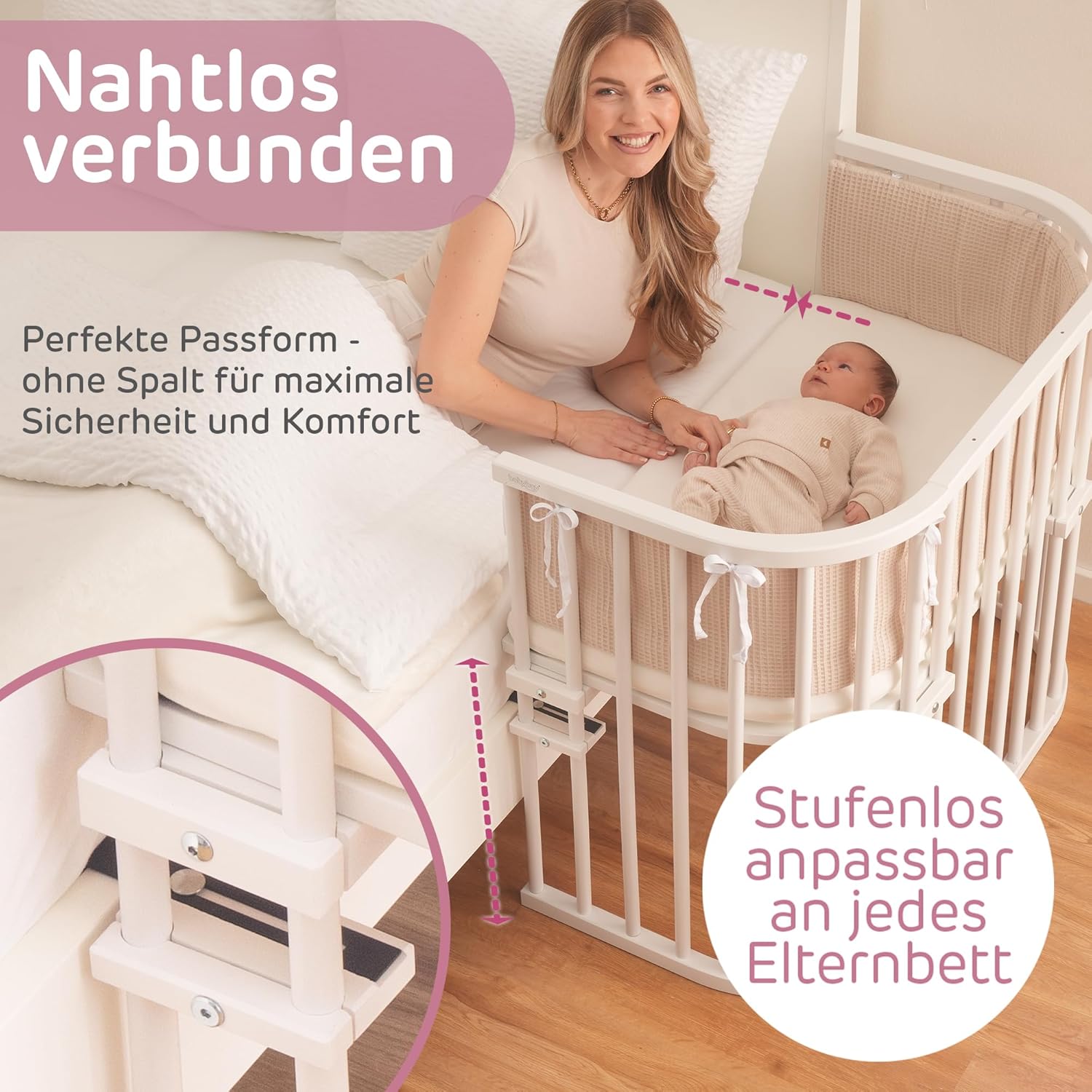babybay Original Beistellbett aus massivem Buchenholz / kompakt & verwandelbar / Kinderbett Höhe stufenlos verstellbar & umweltfreundlich / mitwachsendes Babybett (weiß lackiert) / inkl. Matratze