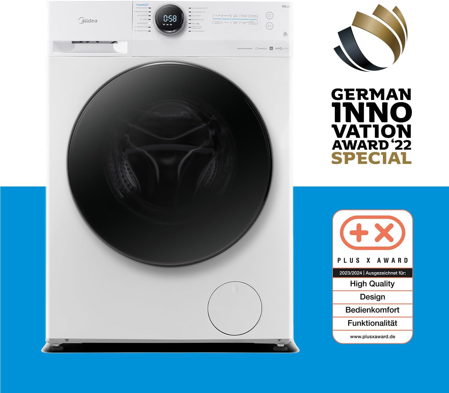 Midea MF200W90WB-14A Waschmaschine / 9KG / A/Leiser & effizienter Inverter Motor/HealthGuard-System/Steam Care/Nachlegefunktion/APP-Steuerung/AquaStop, Weiß