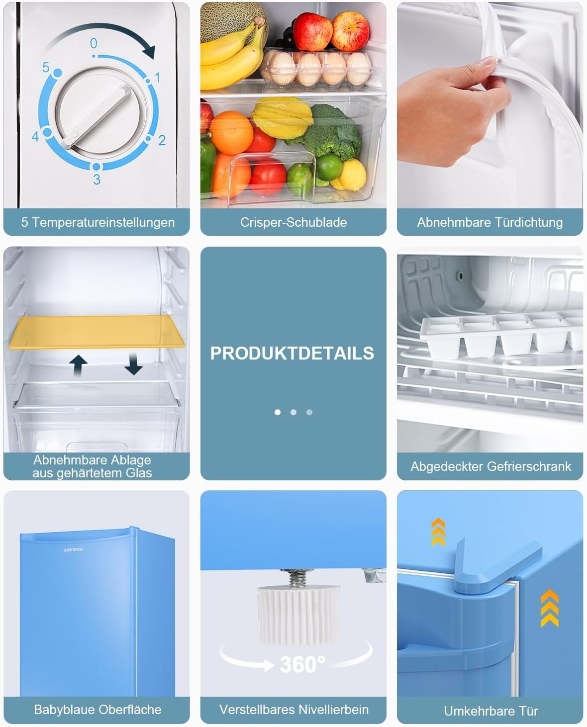 Upstreman 91L Kühlschrank mit Gefrierfach,Kleiner Kühlschrank mit Gemüsefach und Gefrierfach, Einstellbarem Thermostat, Mini-Kühlschrank für Wohnheim, Büro, Schlafzimmer, Weiß-BR321