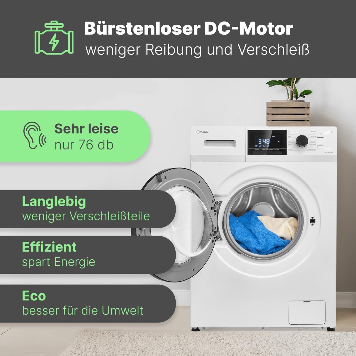 Bomann® Waschmaschine 10kg | max. 1400 U/min | 10 Jahre Motor-Garantie | effizienter, leiser & langlebiger Invertermotor | 15 Programme | Endzeitvorwahl | LED-Display | Washing Machine WA 7110