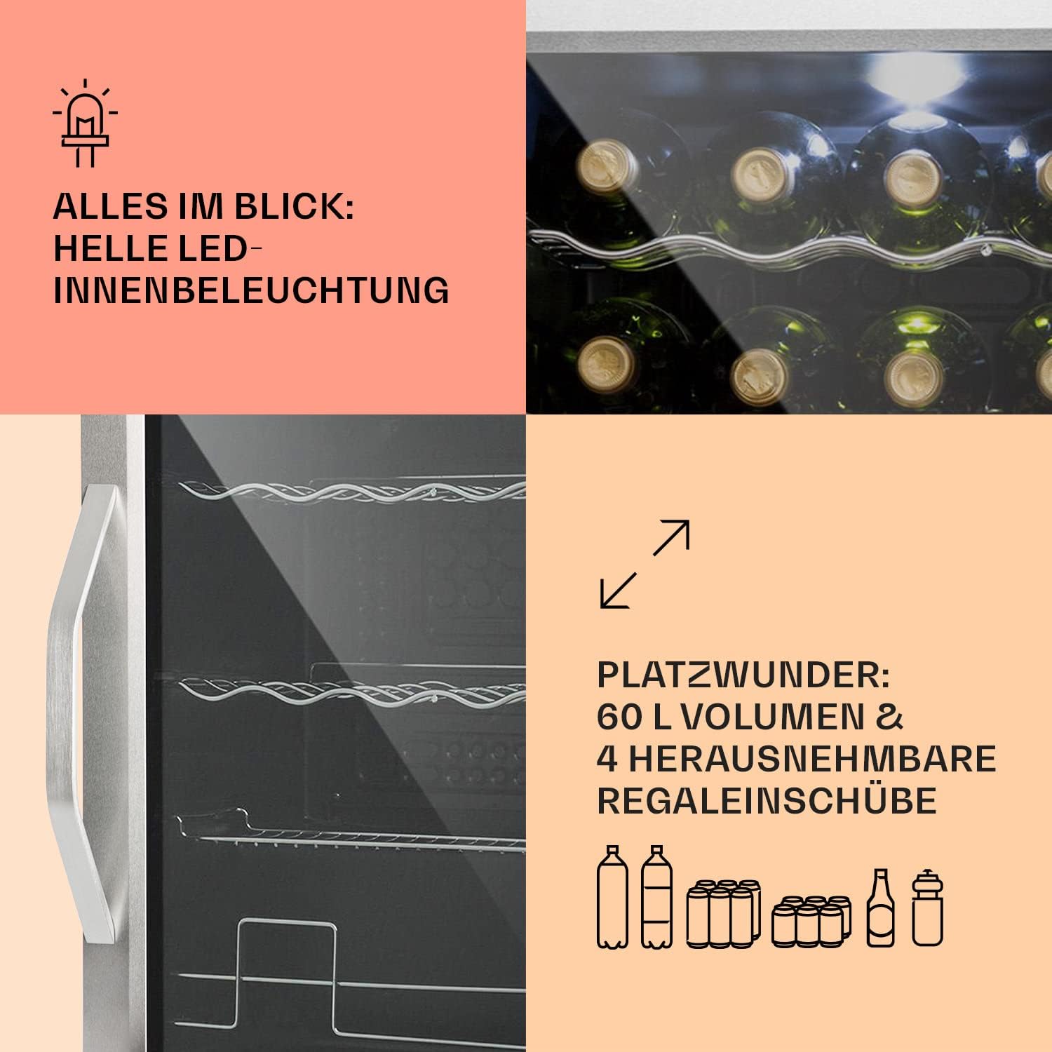 Klarstein Mini Kühlschrank mit Glastür für Zimmer, Getrnkekühlschrank mit Verstellbaren Ablagen, Kleiner 80 Liter, Indoor/Outdoor Kühlschrank Leise