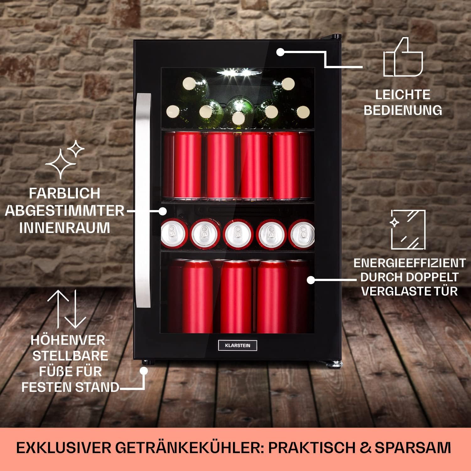 Klarstein Kühlschrank 70L, Kleiner Kühlschrank mit Herausnehmbaren Ablagen, Leiser Mini Kühlschrank mit Glastür & LED, Getränkekühlschrank Klein, Outdoor Geeignet, Biersafe für Flaschen, 0-10°C