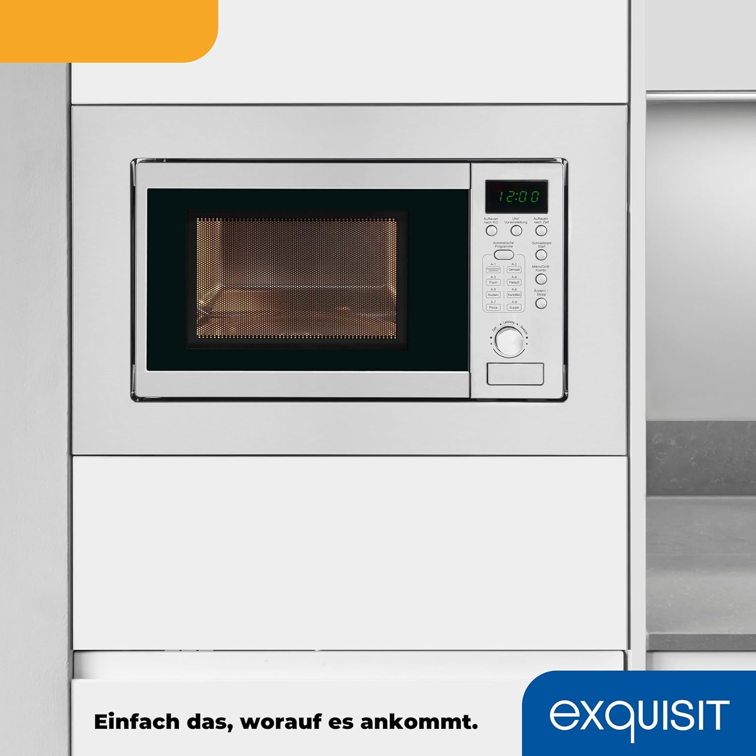 Exquisit EMW 20.1G Einbau-Mikrowelle | 20 L Garraum | 800 W | Inoxlook | 1000 W Grilleistung | 5 Leistungsstufen | Timer | Drehteller: 24,5cm Ø | 8 Autokochprogramme | Innenbeleuchtung