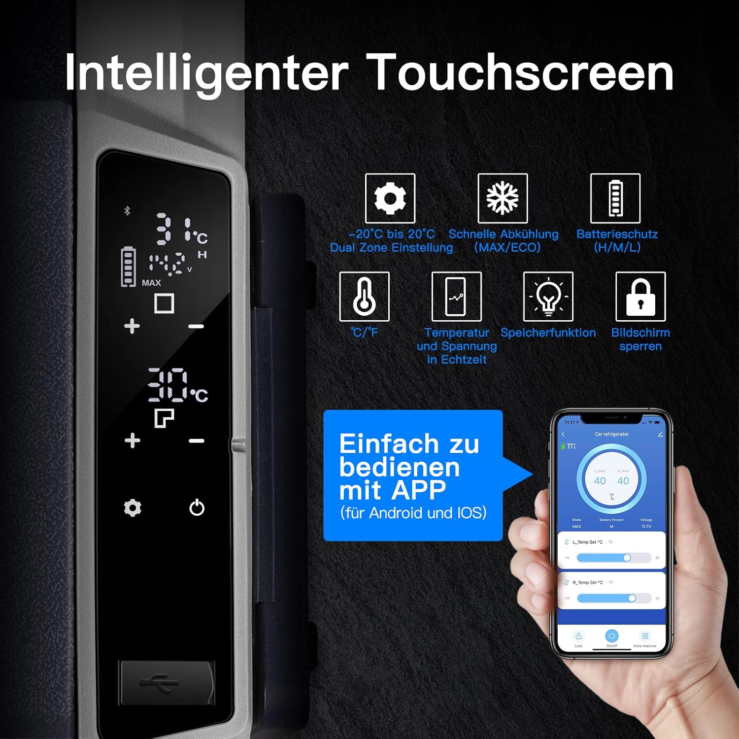 AAOBOSI Compressor Cool Box 36 L, Cool Box Car with WiFi App Control, 12/24 V and 100-240 V Electric Cool Box, up to -20 °C for Car, Truck, Boat, Motorhome, Camping, Double Zone