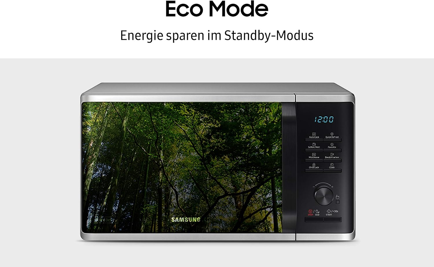 Samsung MS23K3515AS/EG Mikrowelle / 800 W / 23 L Garraum / 48,9 cm Breite / Kratzfester Keramik-Emaille-Inneraum / QuickDefrost Auftauprogramme / silber