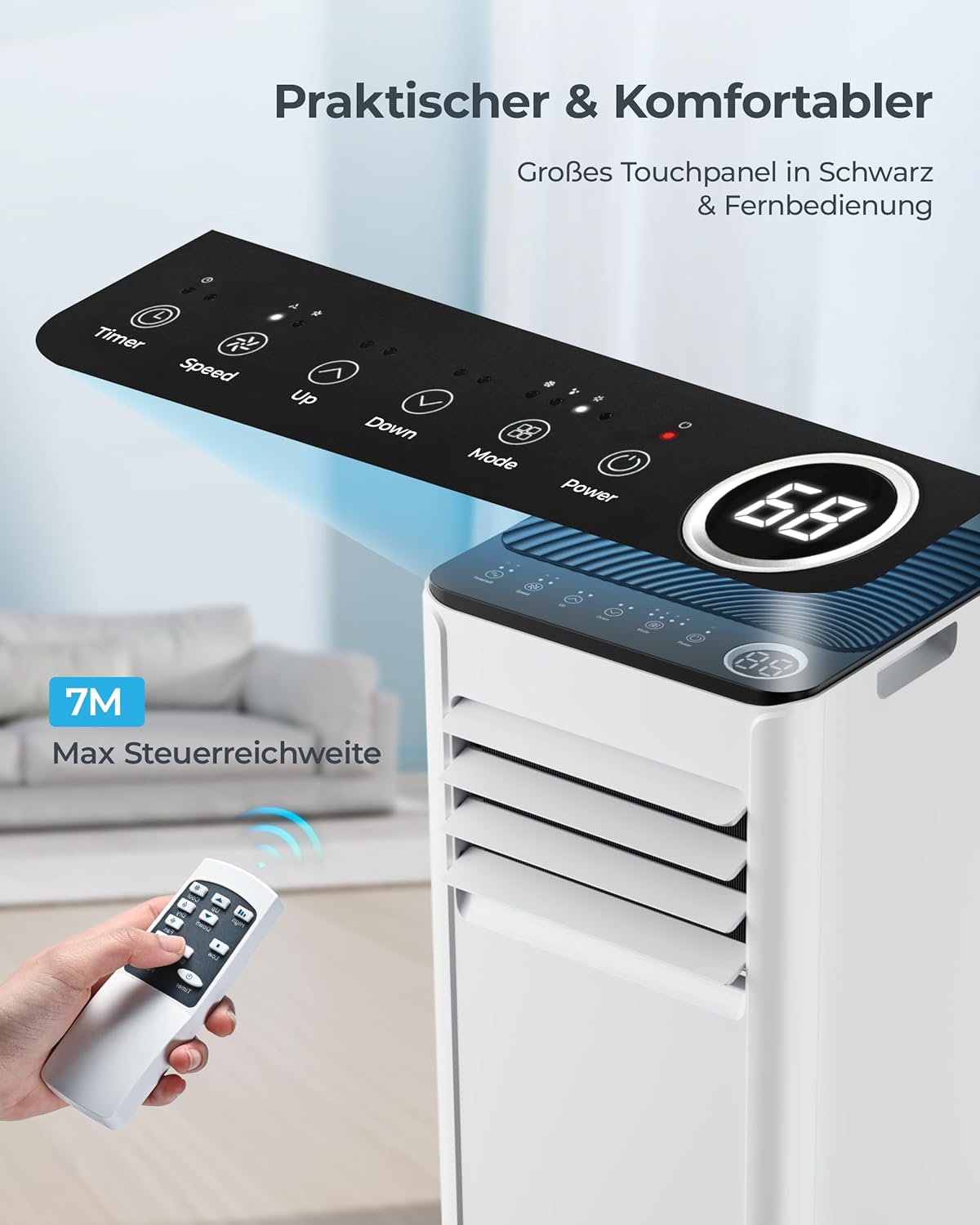 Mobile Klimaanlage 9000 BTU mit Abluftschlauch | 4-in-1 Mobiles Klimagerät | Leiser Betrieb <48 dB | Digitaldisplay + Fernbedienung | Fenster-Installationsset | 24h-Timer | Für Räume bis 25 m²