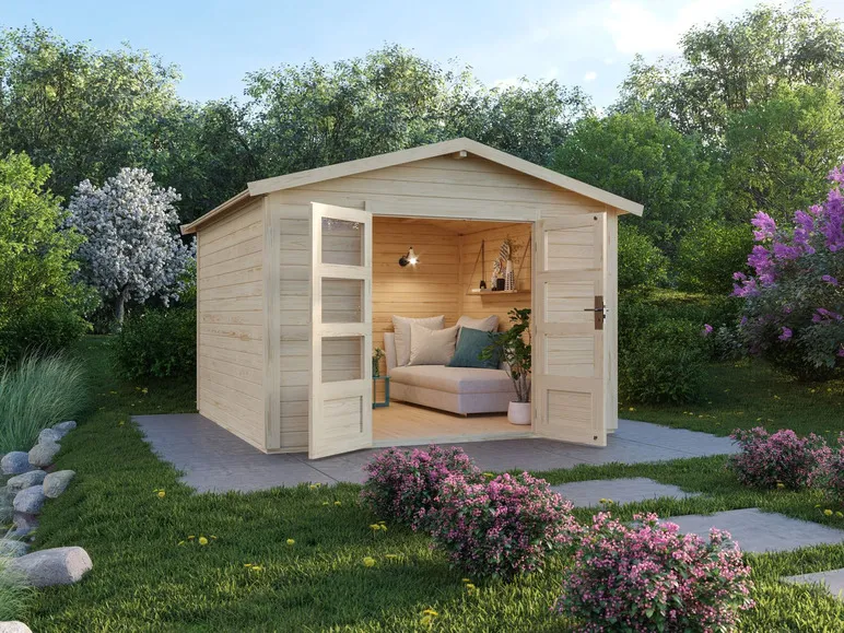 Karibu Gartenhaus »Carlos«, Satteldach, Witterungsschutz, Tür mit 3 Lichtausschnitten
