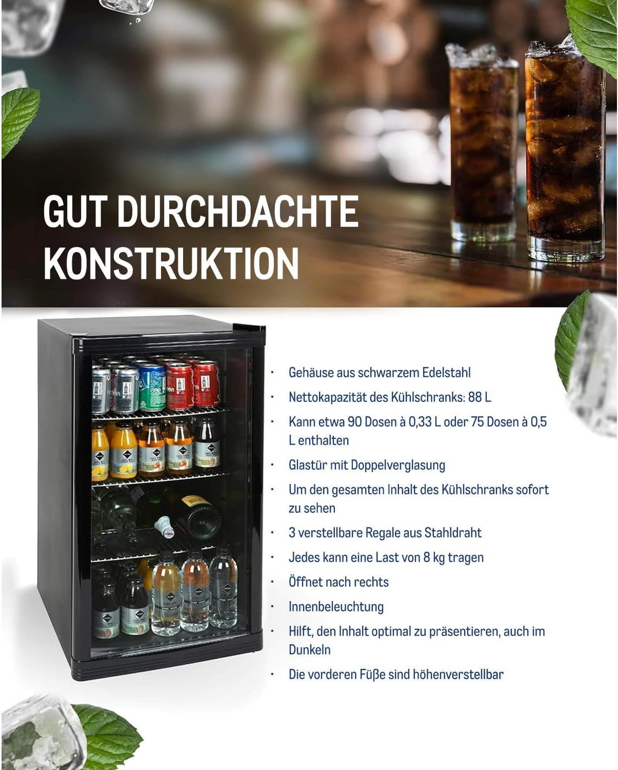 METRO Professional Mini-Kühlschrank GPC1088, 88 L, 1.052 kWh/24h, 3 Edelstahl-Drahtböden, schwarz