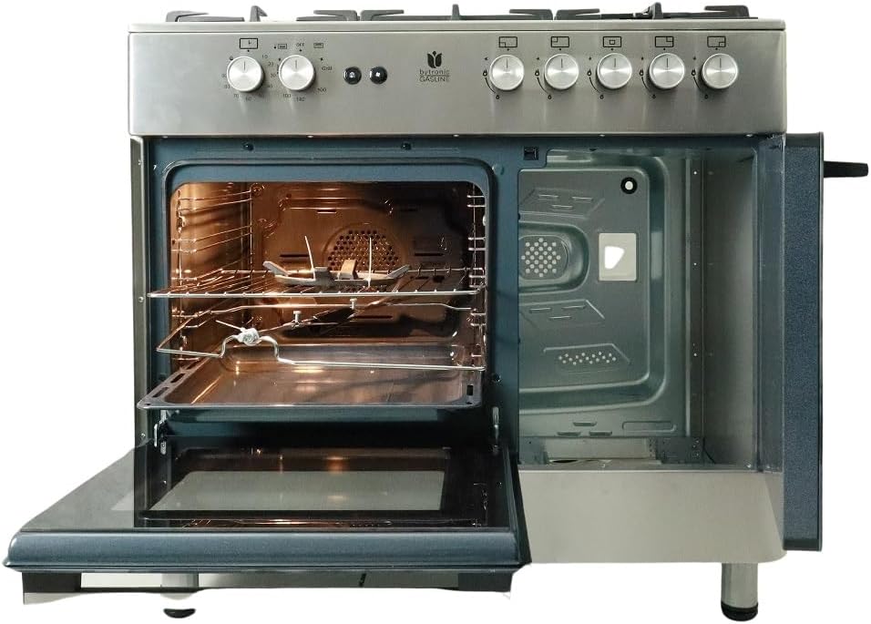 Gasline Gas Standherd mit Flaschenschrank 90cm GAG90GOXFL, 5 Flammig Sabaf-Brenner, Elektrische-Zündung und Vollzündsicherung Propan LPG…