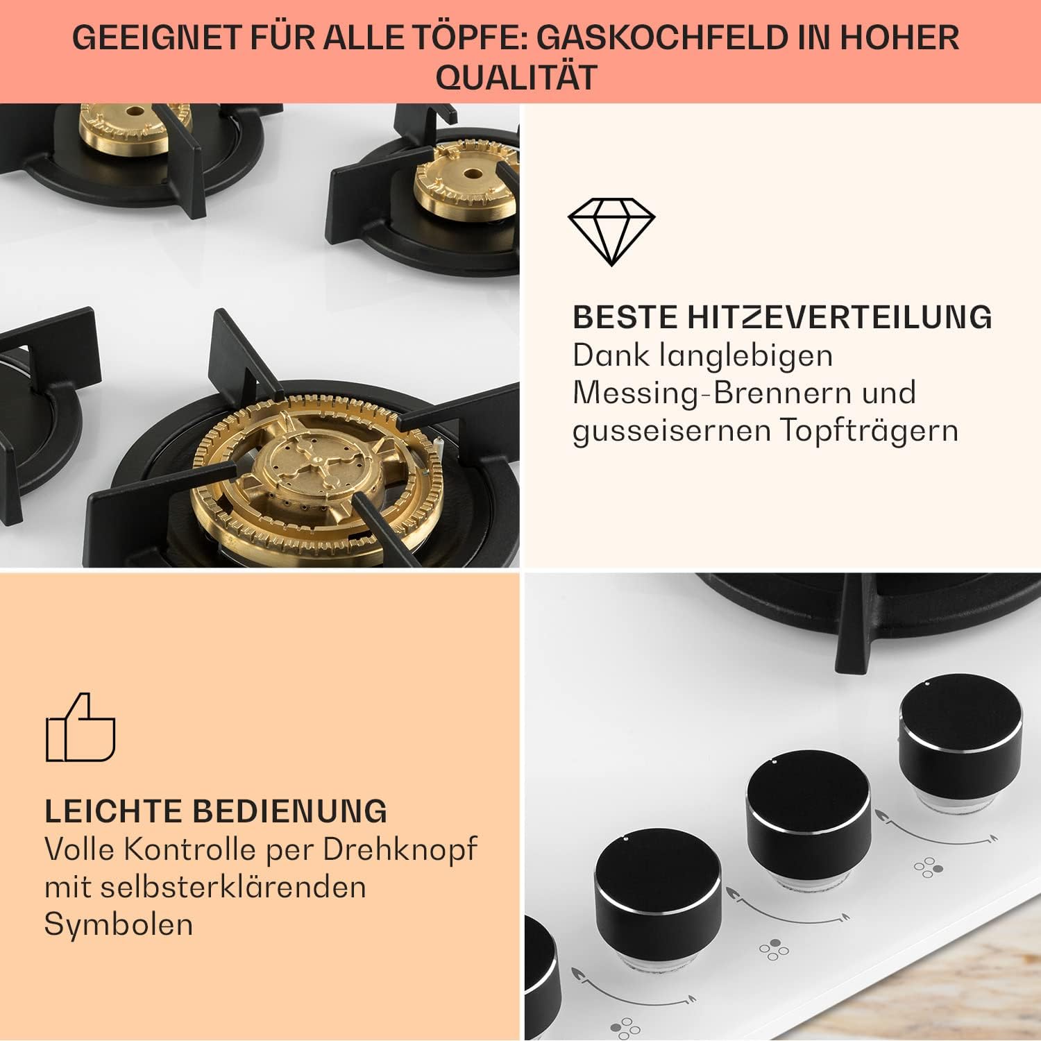 Klarstein Gasherd, Gaskochfeld 4 Flammig, Einbau-Gaskocher für Zuhause & Wohnmobil, Campingkocher mit Glasplatte, Gasherd für Propan- und Erdgas, Edelstahl Gas-Herdplatte Wok Brenner 8000 Watt