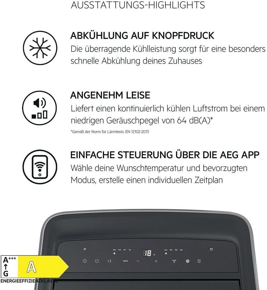 AEG Chillflex Pro AXP26U338CW mobile Klimaanlage / LED Display / Touch-Buttons / Fernbedienung / 30-40 m² / Kühlfunktion / Ventilator / Entfeuchtungsfunktion / Automatik / weiß/silber/schwarz