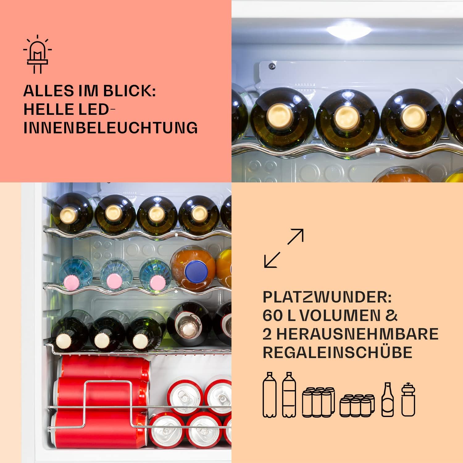 Klarstein Mini Kühlschrank mit Glastür für Zimmer, Getrnkekühlschrank mit Verstellbaren Ablagen, Kleiner 80 Liter, Indoor/Outdoor Kühlschrank Leise