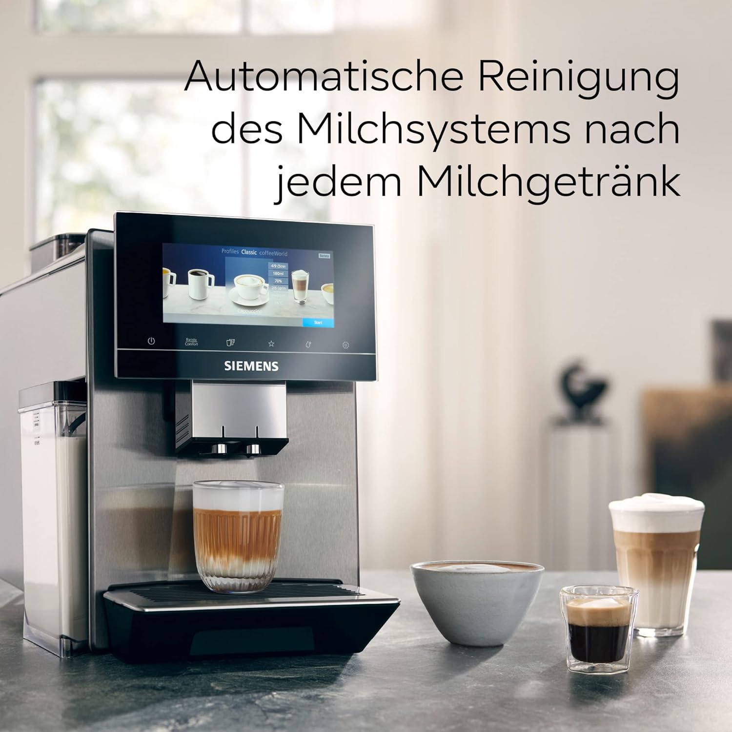 Siemens Kaffeevollautomat EQ900 TQ903D03, App-Steuerung, intuitives Full-Touch-Display, Barista-Modus, AromaBoost, Geräuschreduzierung, Premiummahlwerk, automatische Dampfreinigung, 1500 W, edelstahl
