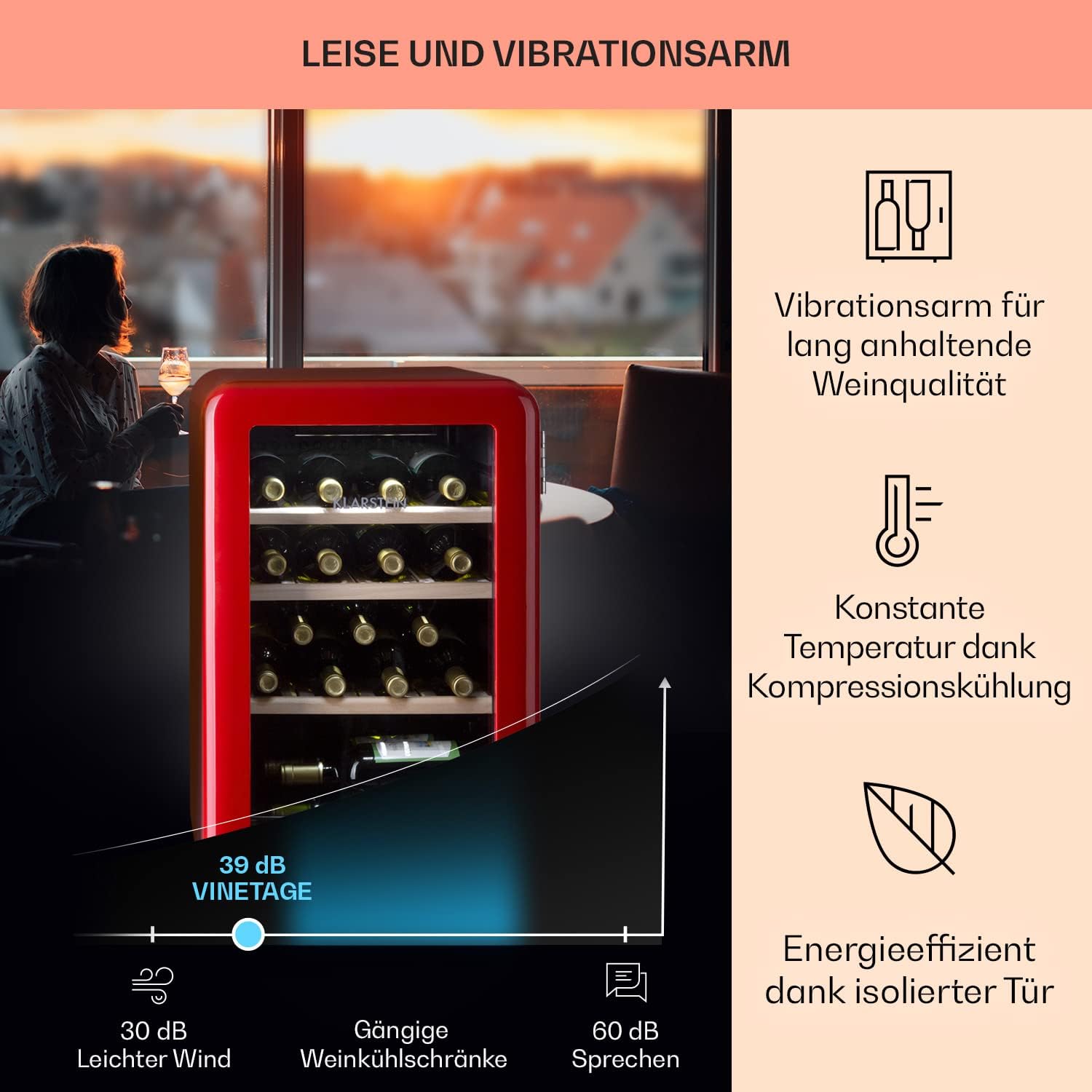 Klarstein Weinkühlschrank, Getränkekühlschrank Schmal, Kühlschrank mit Glastür, Getränkekühlschränke Freistehend, Weinkühlschrank Klein, Weinkühlschränke 1 Zone, UV-Schutz, 4-22 °C, 19 Flaschen