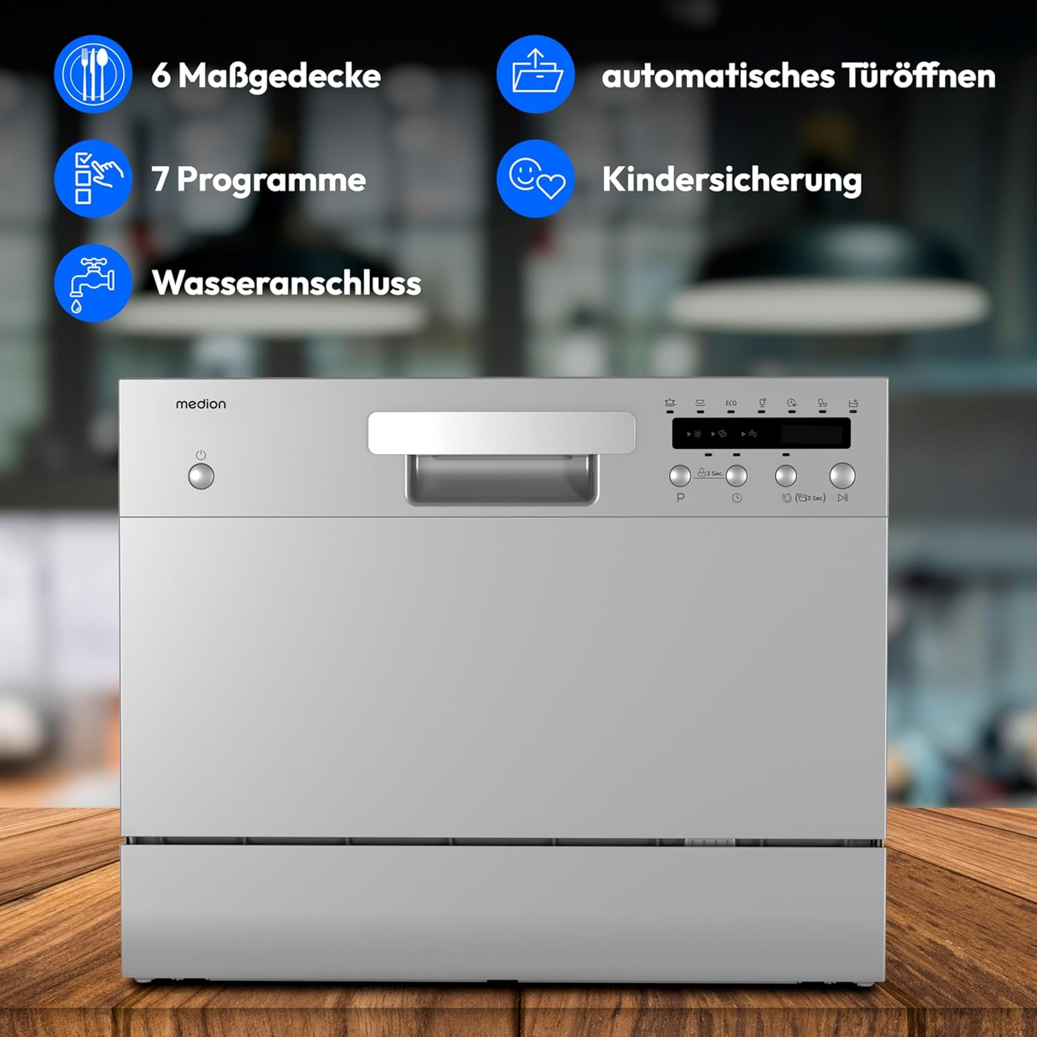 MEDION Tischgeschirrspüler DWT60 (6 Gedecke Fassungsvermögen, 7 Programme, ECO Programm, ca. 6,5 Liter Verbrauch, AquaStop, LED Display, Kindersicherung, MD37496) silber