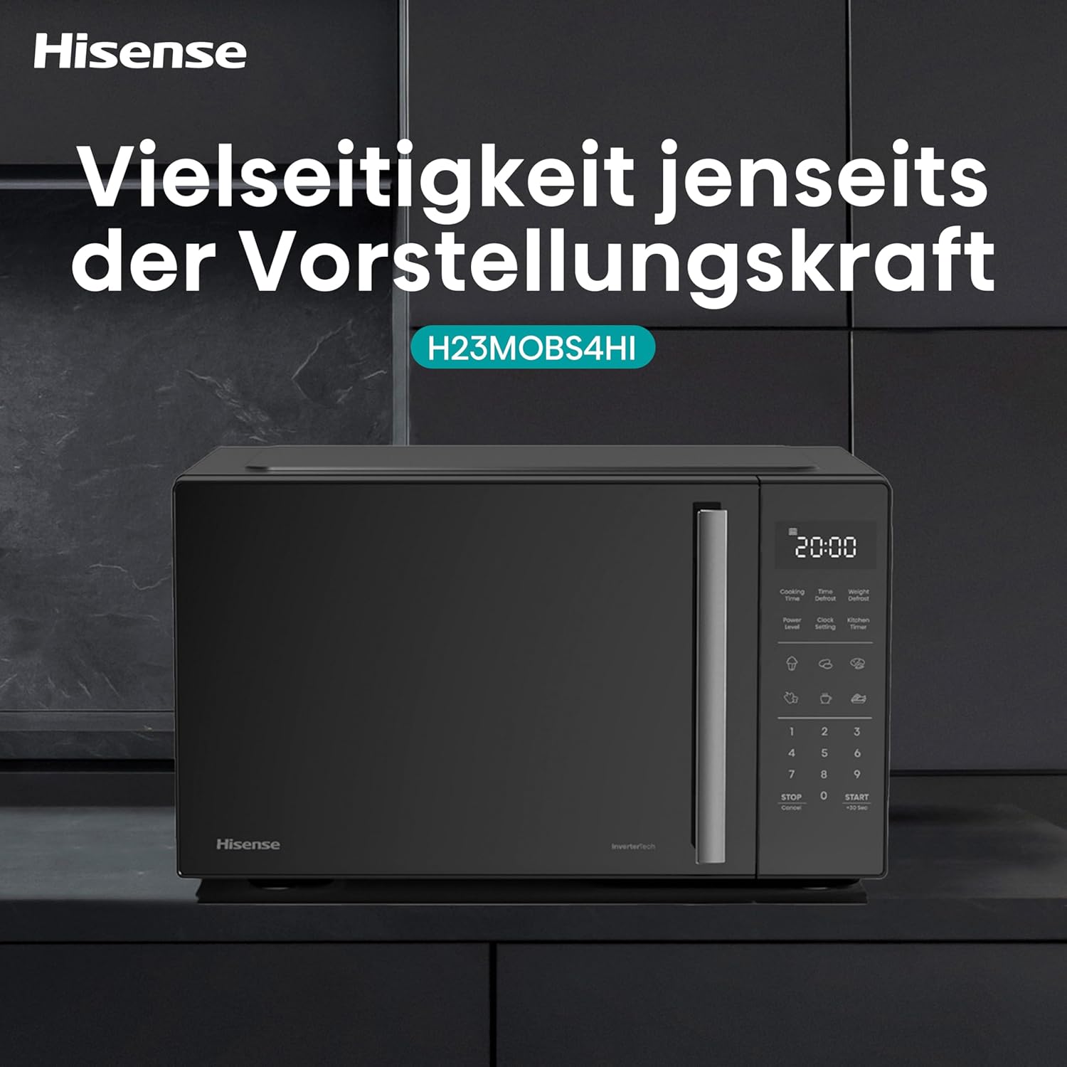 Hisense Elektronische Mikrowelle, Fassungsvermögen 23 l, Leistung 800 W, Grillleistung 1000 W, LED-Display mit Touch-Steuerung, Schwarz