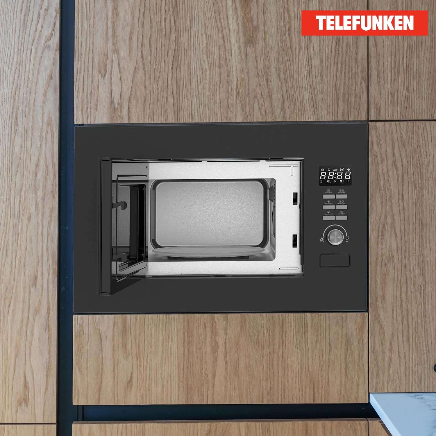 Telefunken Einbaumikrowelle mit Grill | Mikrowelle mit 20 L Garraum | Einbau Mikrowellengerät 60 cm | 8 Auto-Menüs | 700 W | 800 W Grill | 5 Leistungsstufen | mit Drehteller | schwarz | B-MWE-20-G-B
