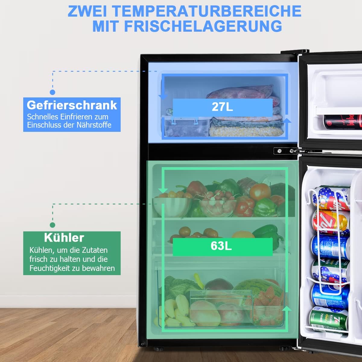 GOPLUS Kühlschrank mit Gefrierfach - Kühl Gefrierkombination / 90L Gesamtnutzinhalt, 27L Gefrierteil/Thermostat einstellbar/LED Innenbeleuchtung/Türanschlag wechselbar (Weiß)