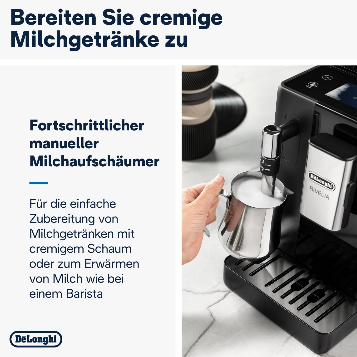 De'Longhi Rivelia EXAM440.55.W Kaffeevollautomat mit LatteCrema Milchsystem, Wechselbarer Bohnenbehälter, 16 Kaffee- & Milchgetränke auf Knopfdruck, Extra-Shot-Funktion, 3,5 Touch-Display, Weiß