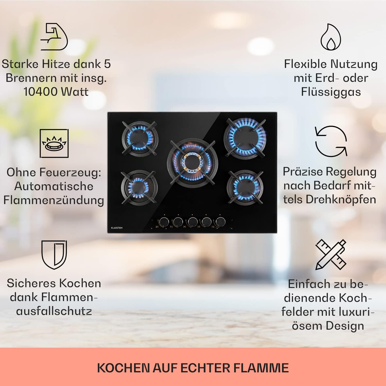 Klarstein Gasherd, Gaskochfeld 5 Flammen, Einbau-Gaskocher für Zuhause & Wohnmobil, Campingkocher mit Glasplatte, Gasherd für Propan- und Erdgas, Edelstahl Gas-Herdplatte Wok Brenner 10400 Watt