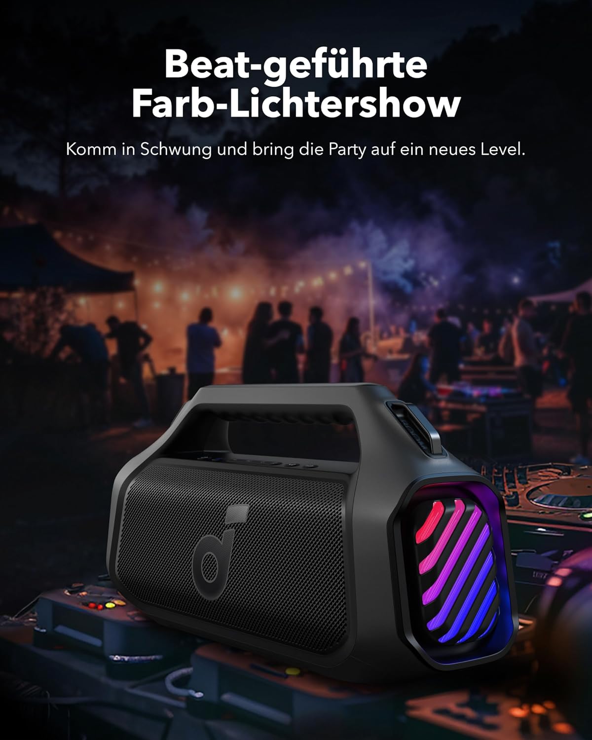 soundcore Boom 2 Plus Outdoor Lautsprecher, 140W, 2+2 Channel, BassUp 2.0, 20h, Schnellladung, IPX7 wasserdicht, RGB Lichter, USB-C, Power Bank, BT 5.3, tragbarer Bluetooth Lautsprecher, Camping