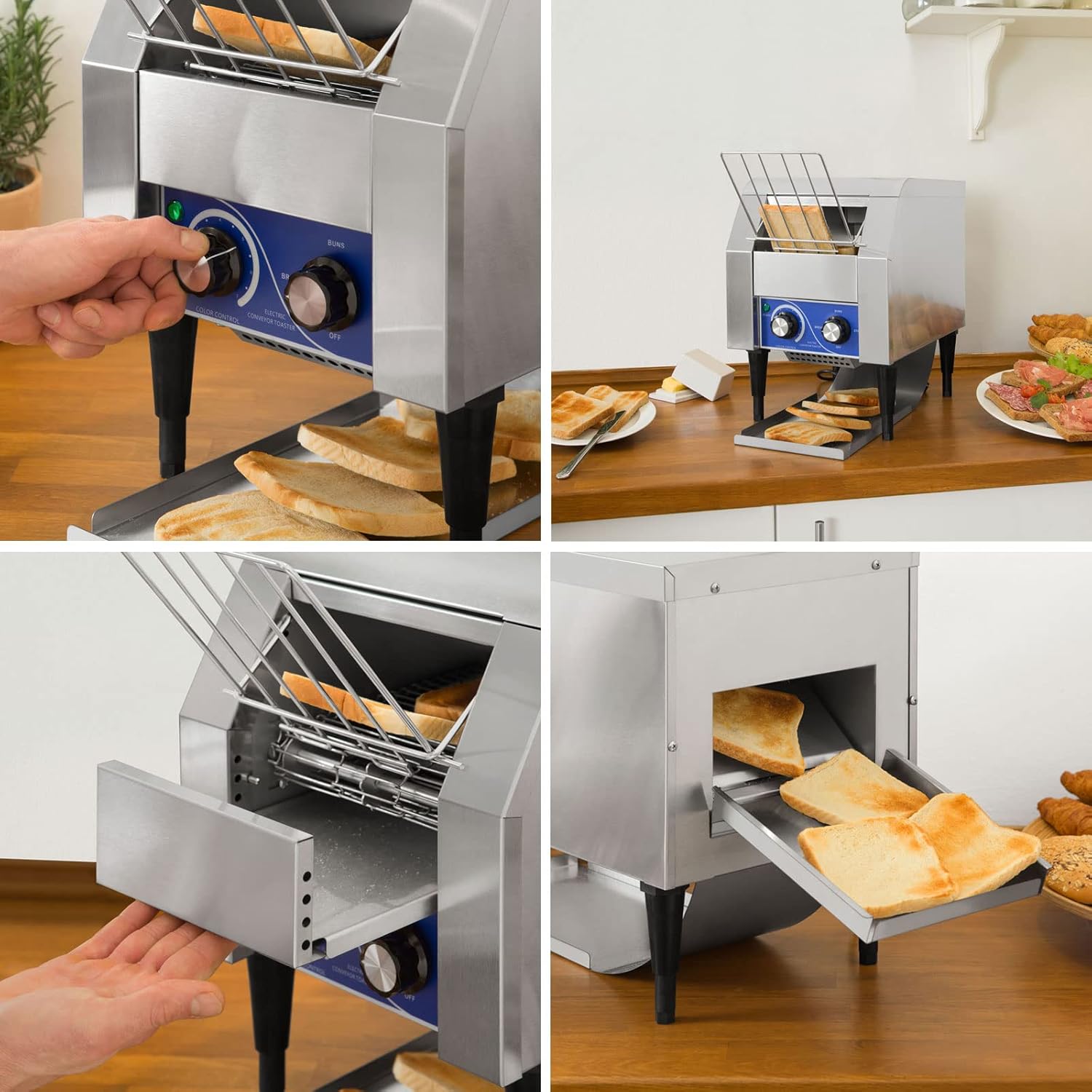 vertes Durchlauftoaster Toaster mit Laufband aus Edelstahl (1940W, 230V, Gastro Profi für Toast und Burger Buns, Zugabefach, 2 Ausgabefächer, 7 Geschwindigkeitsstufen, Krümelschublade, 2 Modi)