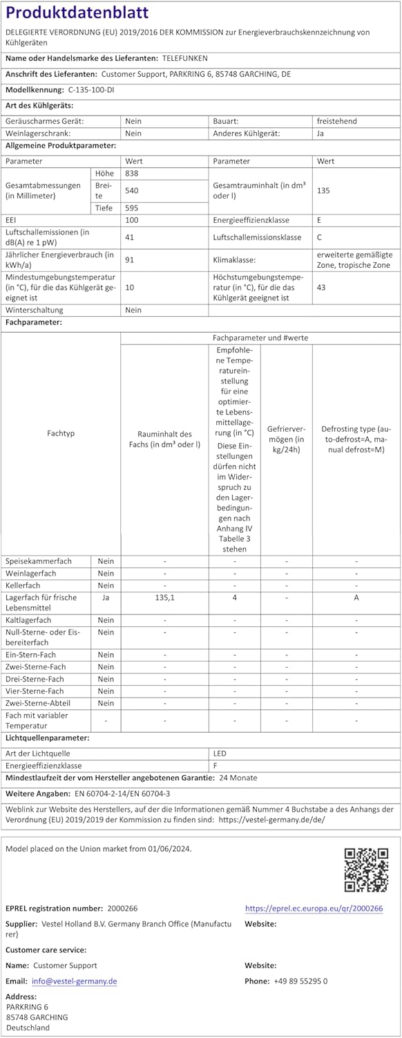 TELEFUNKEN Kühlschrank ohne Gefrierfach | Freistehend | 135 Liter Nutzinhalt | Kühlschrank klein mit Gemüsefach | LED-Beleuchtung | Türanschlag wechselbar | C-135-100-W weiß