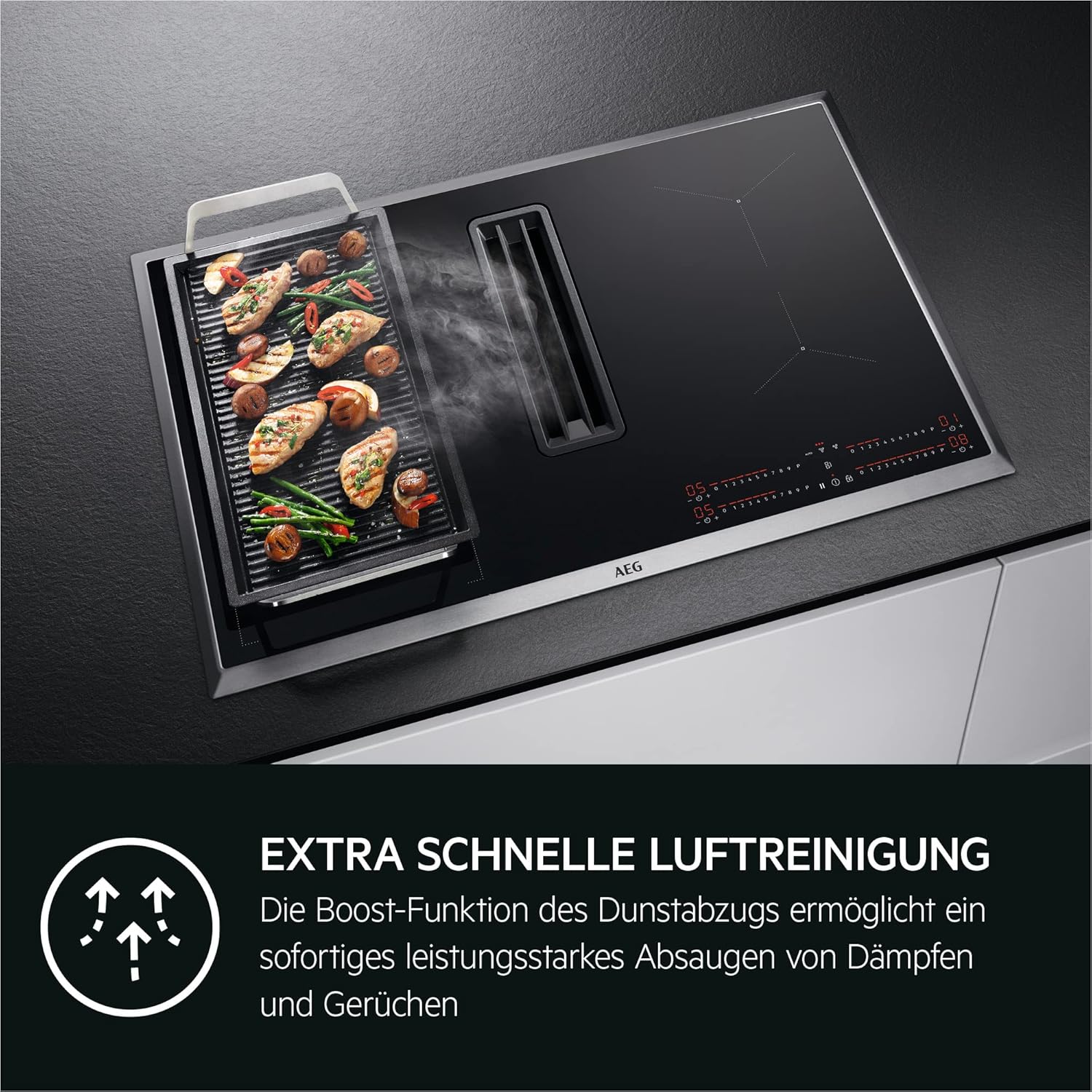 AEG IKE84441XB Autarkes Kochfeld / Herdplatte mit Touchscreen, Topferkennung & Hob²Hood-Funktion / Induktionskochplatte / 4 Kochzonen / Edelstahlrahmen / 80 cm Schwarz