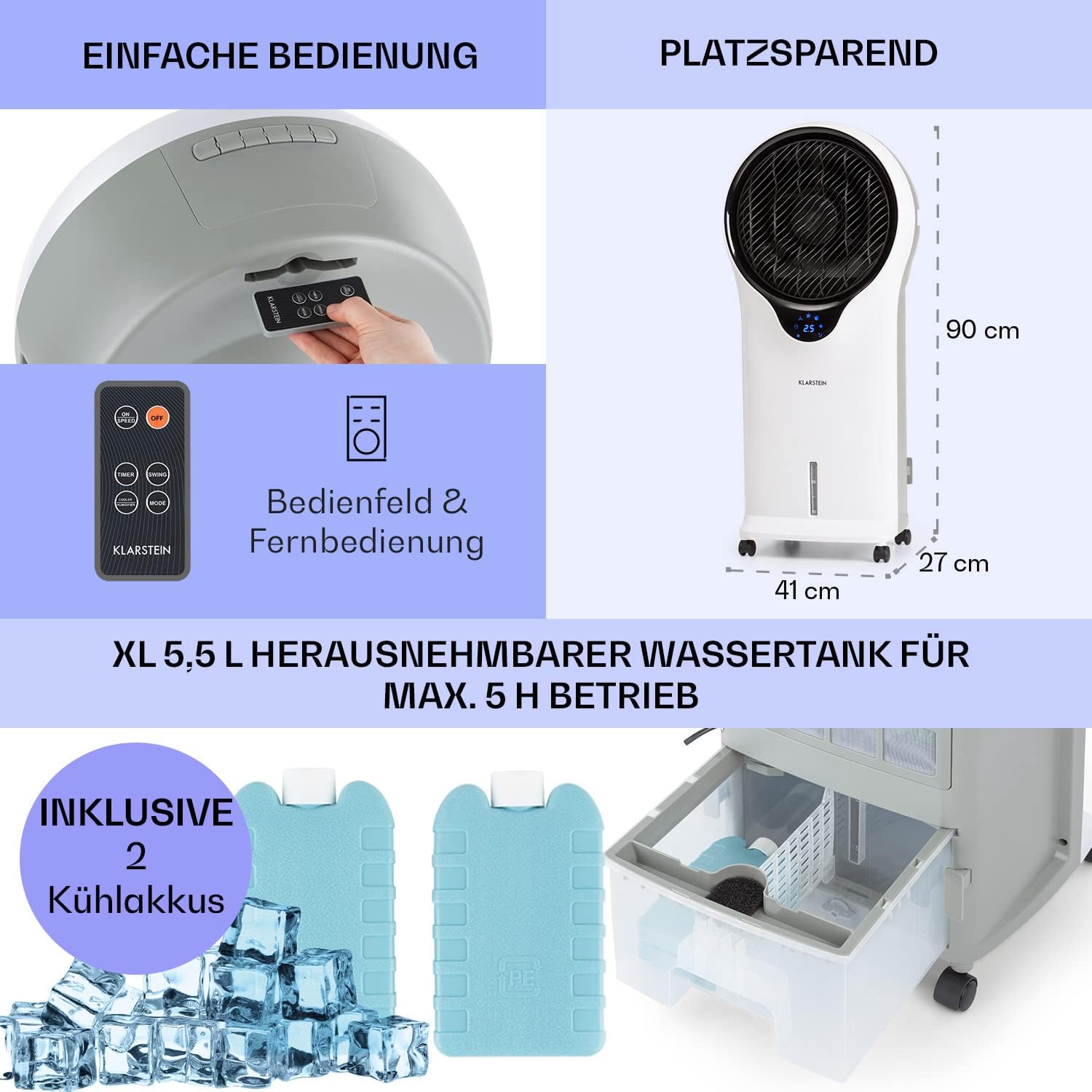 Klarstein Luftkühler mit Wasserkühlung, 3-in-1 Verdunstungskühler, Luftbefeuchter & Ventilator, Mobile Klimageräte Luftkühler mit 5,5L Tank, 90W Air Cooler mit Nachtmodus, 1600m³/h Luftstrom