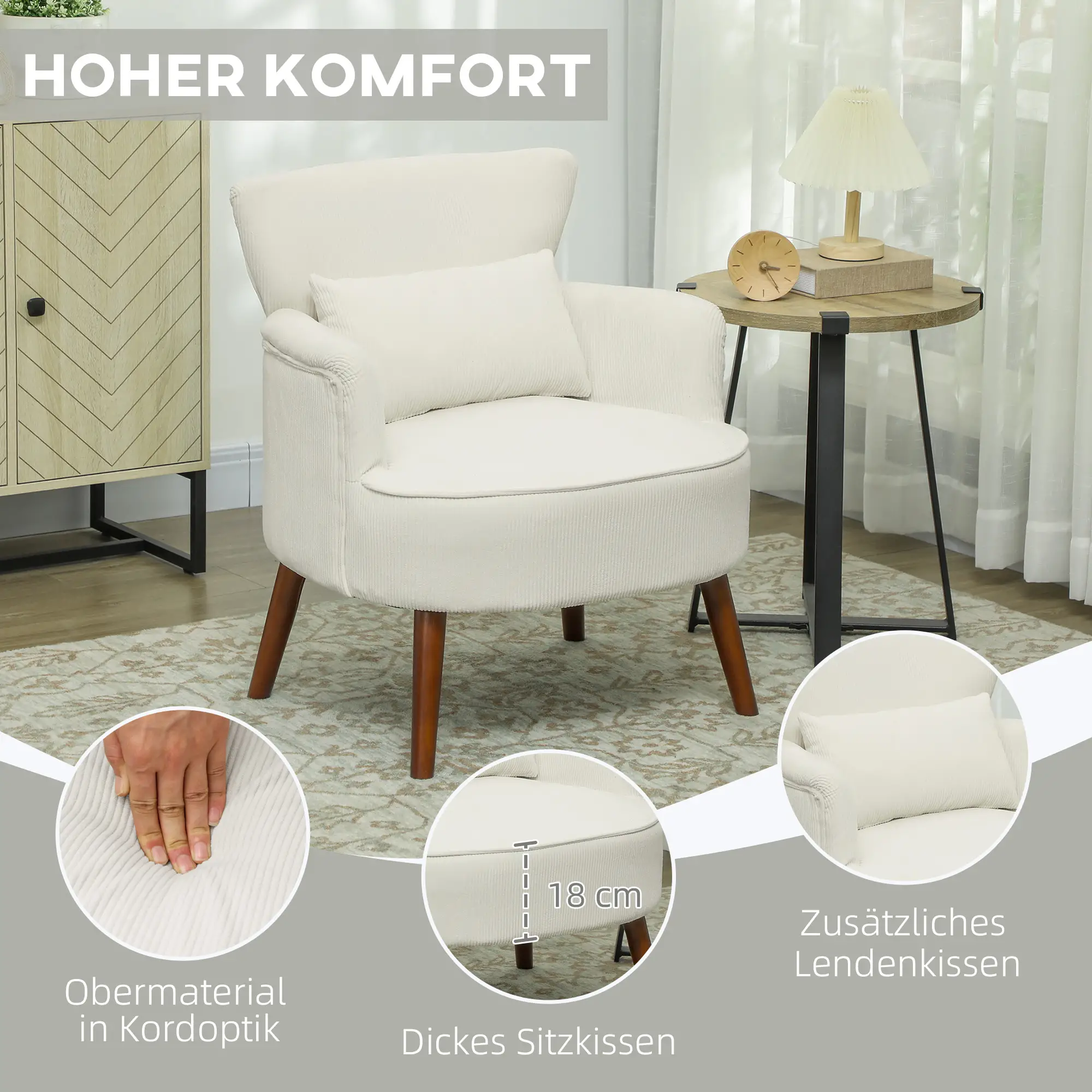 HOMCOM Polstersessel Wohnzimmer weich & federnd Flügelrücken cremeweiß