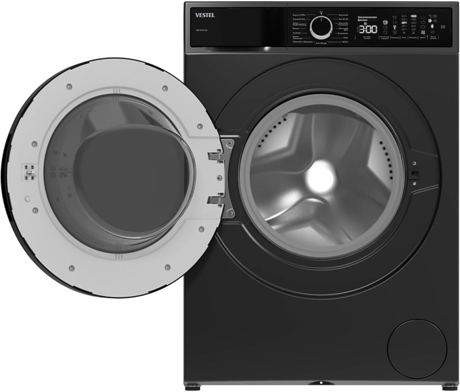 VESTEL WMI 89341 DX Waschmaschine Frontlader, 8 kg, 1400 U/min, Inverter-Motor, Dampf, AquaStop+Switch, Dark Inox