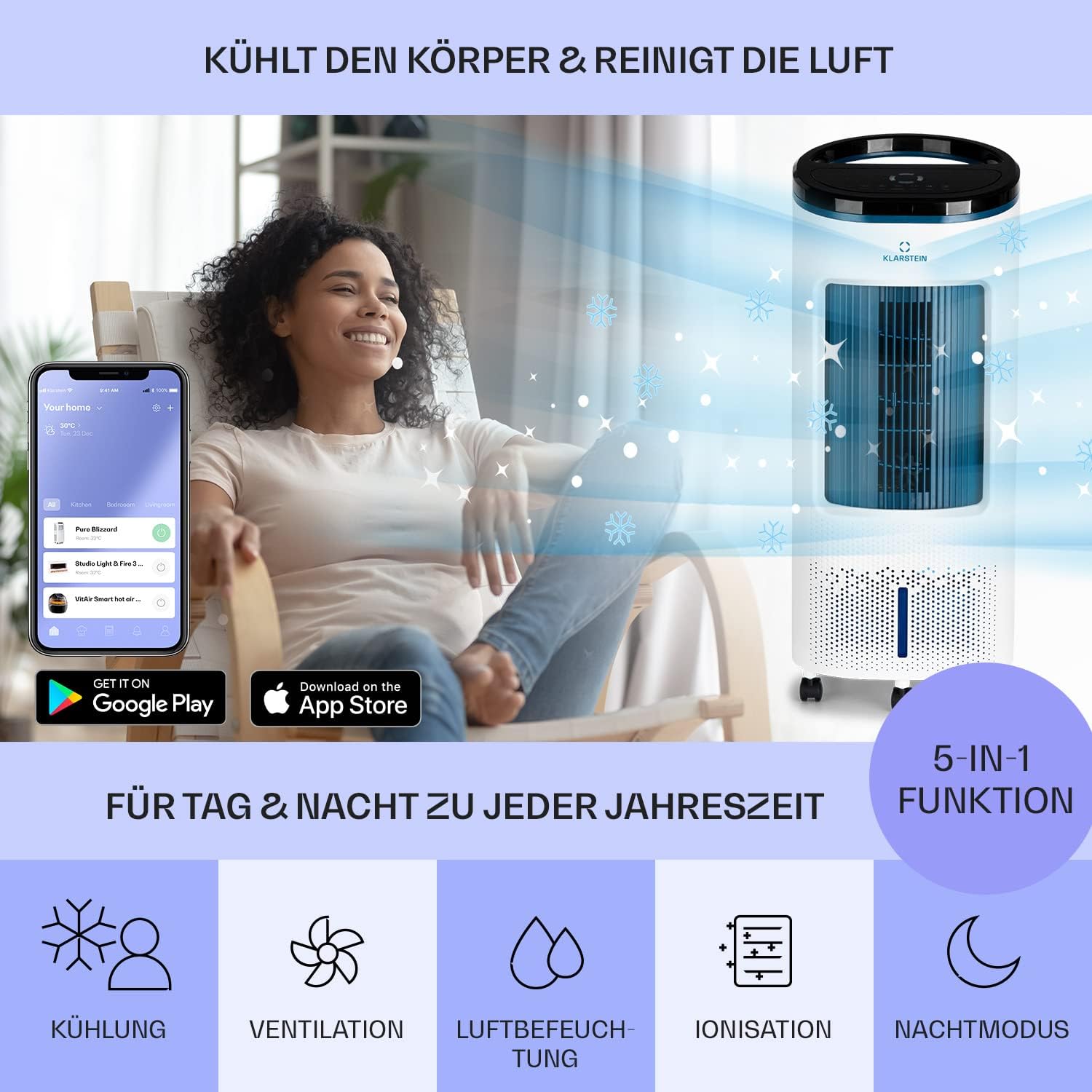 Klarstein Luftkühler mit Wasserkühlung, Leiser 4-in-1 Verdunstungskühler, Luftbefeuchter, Ventilator & Nachtmodus, Mobile Klimageräte Luftkühler 7L, 65W Air Cooler, 330m³/h Kühlender Luftstrom