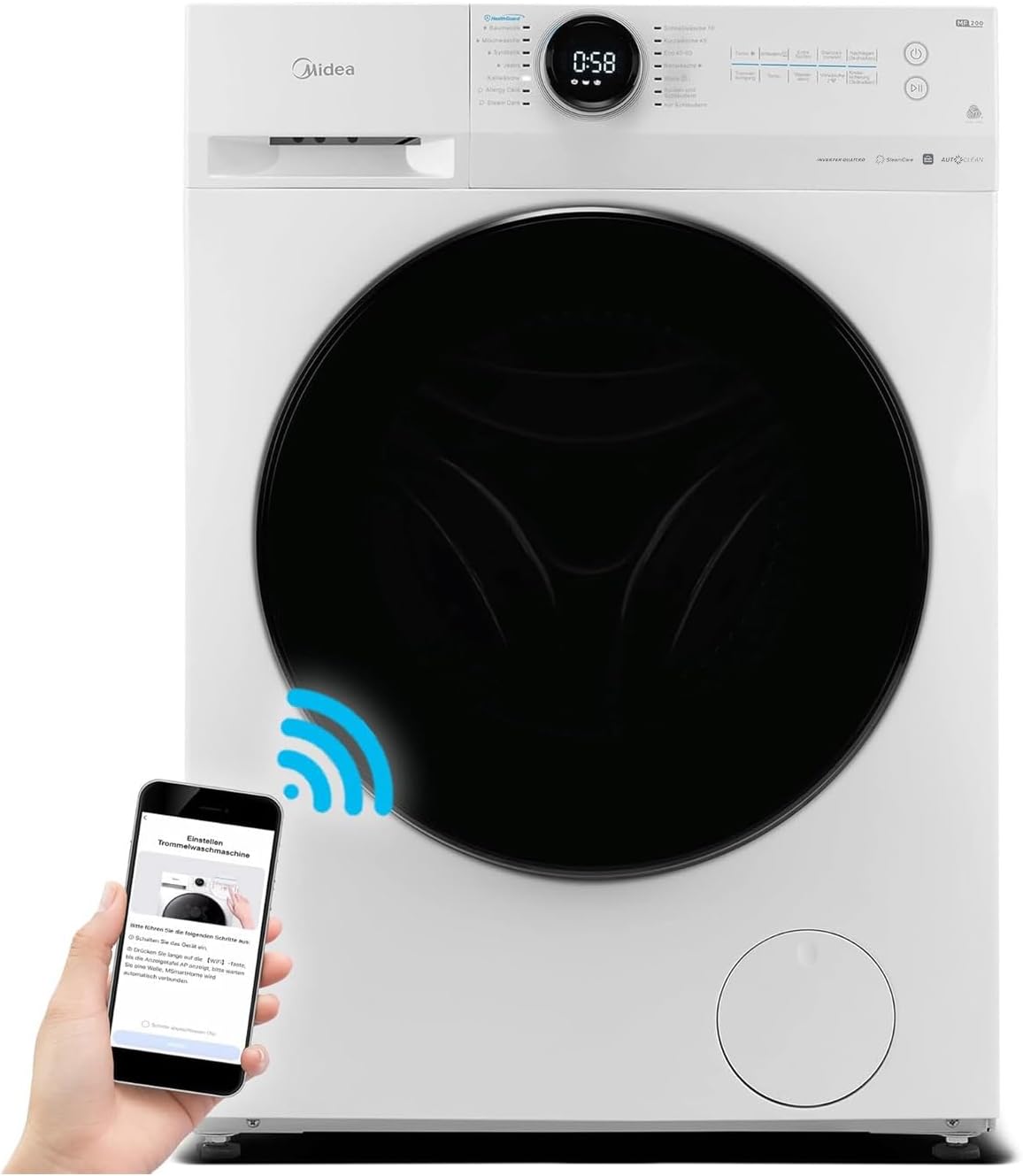 Midea MF200W90WB-14A Waschmaschine / 9KG / A/Leiser & effizienter Inverter Motor/HealthGuard-System/Steam Care/Nachlegefunktion/APP-Steuerung/AquaStop, Weiß