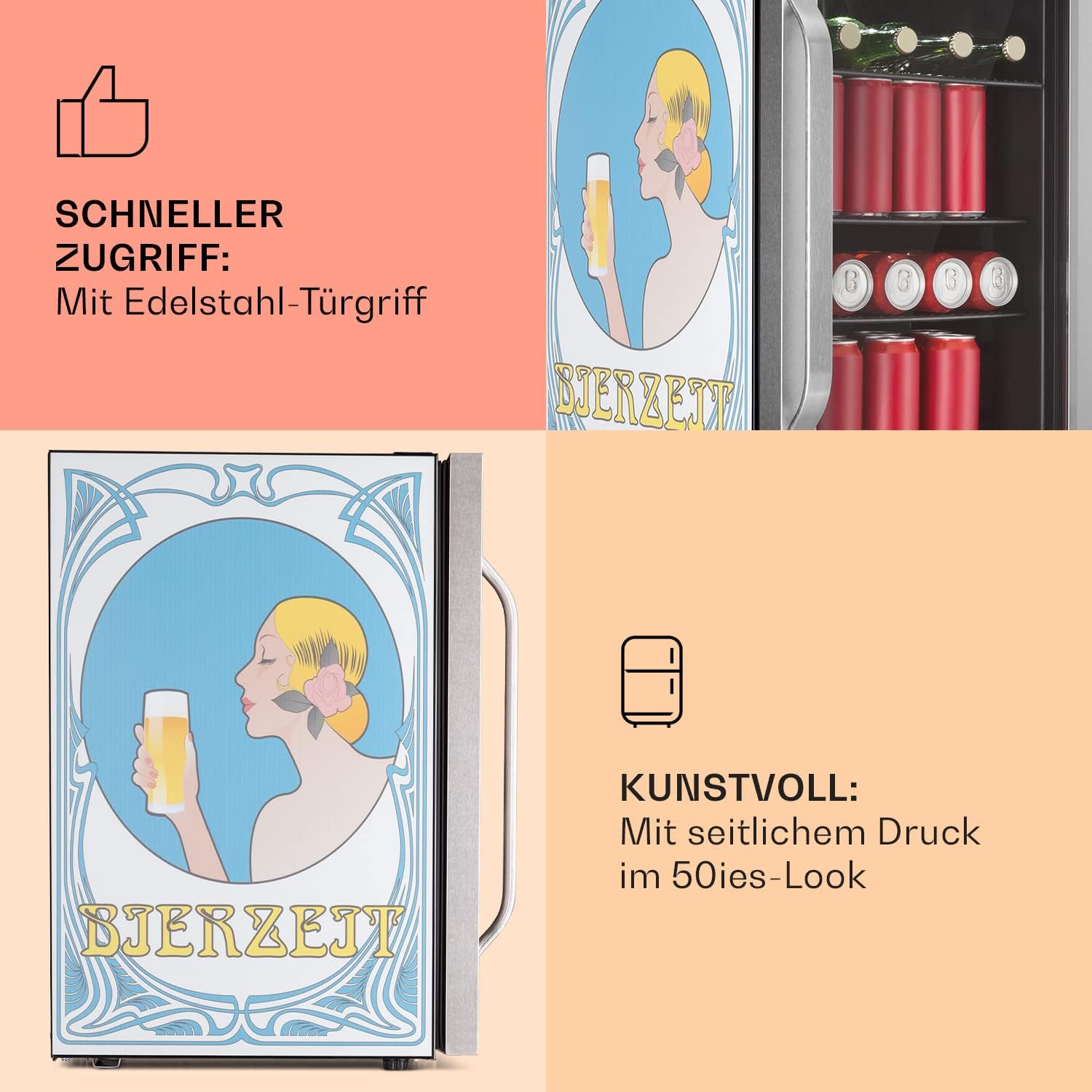 Klarstein Kühlschrank 70L, Kleiner Kühlschrank mit Herausnehmbaren Ablagen, Leiser Mini Kühlschrank mit Glastür & LED, Getränkekühlschrank Klein, Outdoor Geeignet, Biersafe für Flaschen, 0-10°C