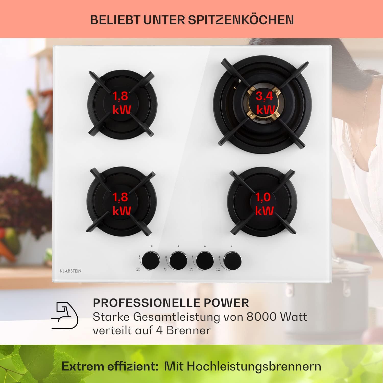 Klarstein Gasherd, Gaskochfeld 4 Flammig, Einbau-Gaskocher für Zuhause & Wohnmobil, Campingkocher mit Glasplatte, Gasherd für Propan- und Erdgas, Edelstahl Gas-Herdplatte Wok Brenner 8000 Watt