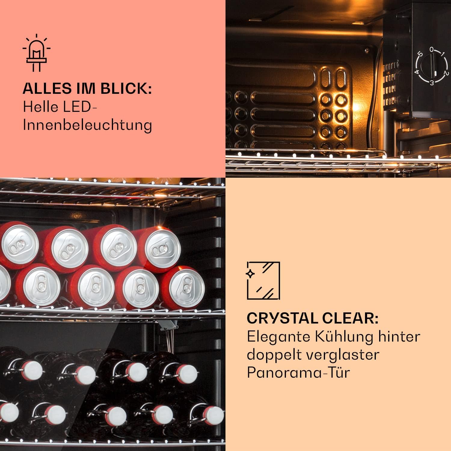 Klarstein Mini Kühlschrank mit Glastür für Zimmer, Getrnkekühlschrank mit Verstellbaren Ablagen, Kleiner 80 Liter, Indoor/Outdoor Kühlschrank Leise