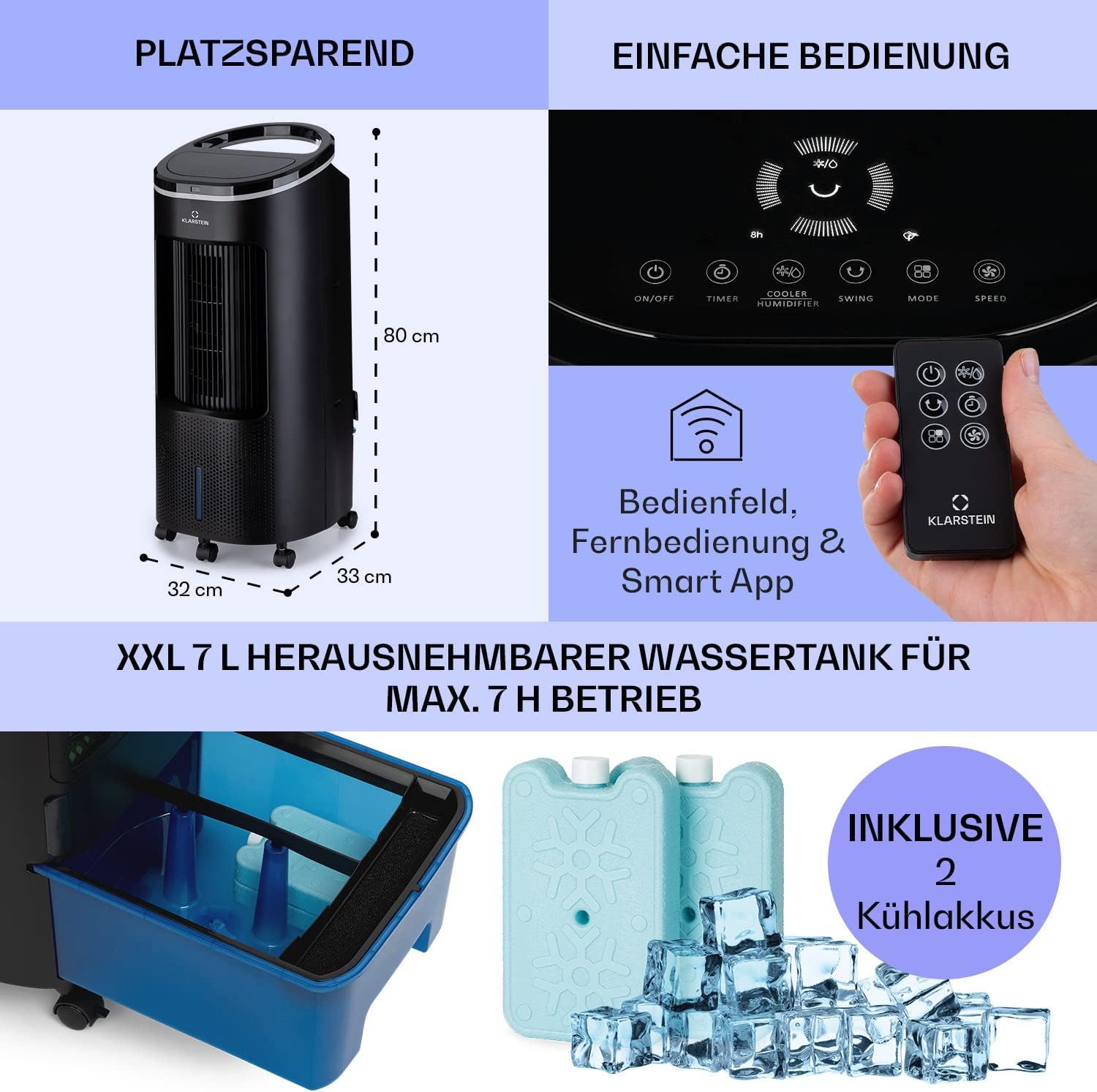 Klarstein Luftkühler mit Wasserkühlung, Leiser 4-in-1 Verdunstungskühler, Luftbefeuchter, Ventilator & Nachtmodus, Mobile Klimageräte Luftkühler 7L, 65W Air Cooler, 330m³/h Kühlender Luftstrom