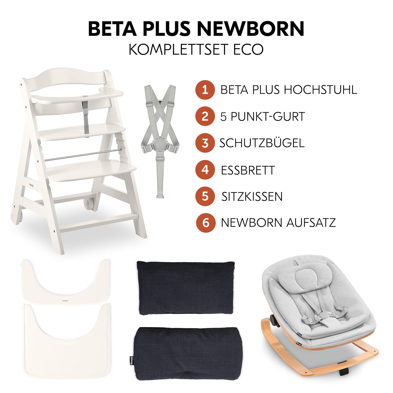 hauck Hochstuhl Beta+ Newborn Set Eco Bouncer - mitwachsender Holz Babyhochstuhl ab Geburt, inkl. Neugeborenenaufsatz, Sitzpolster und Essbrett - Dark Grey