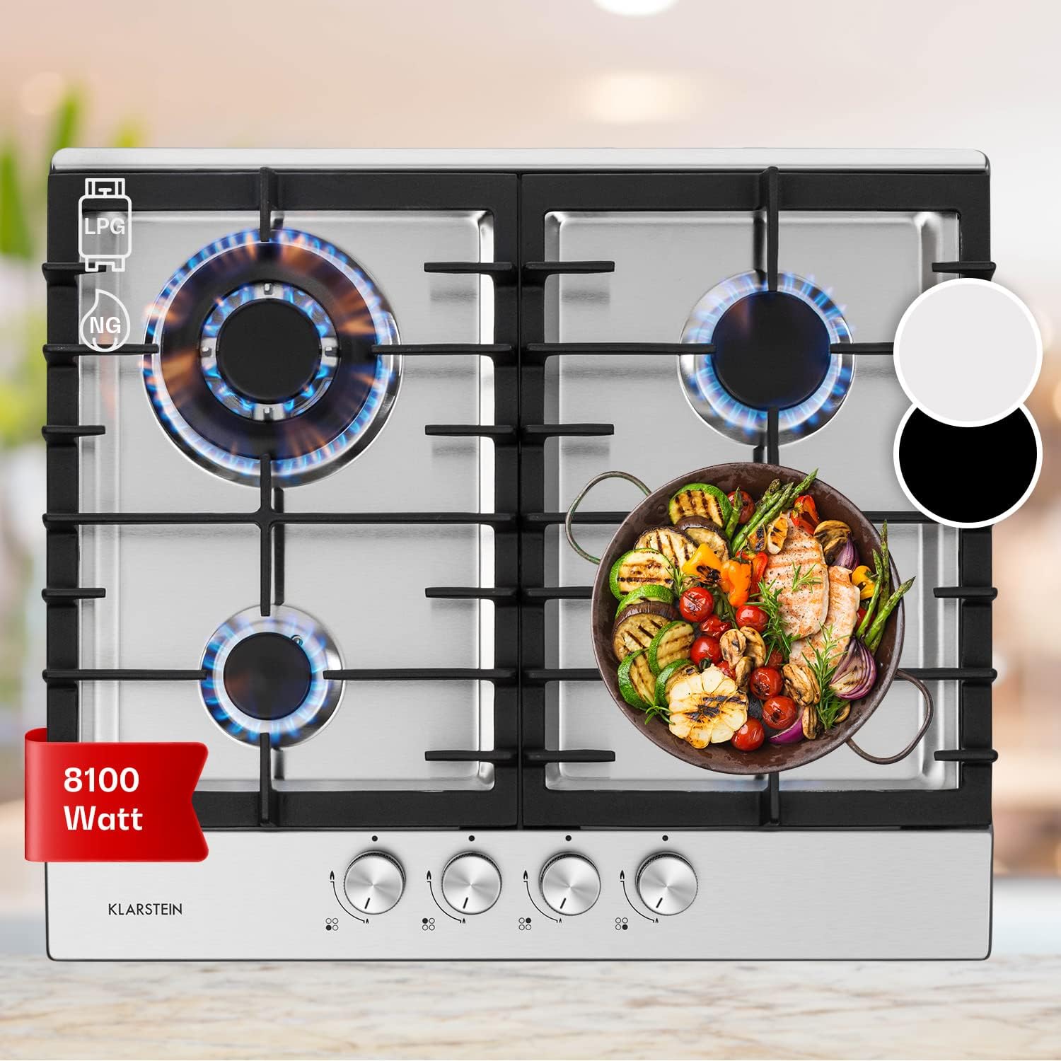 Klarstein Gasherd, Gaskochfeld 4 Flammig, Einbau-Gaskocher für Zuhause & Wohnmobil, Edelstahl Campingkocher, Gasherd für Propan- und Erdgas, Gas-Herdplatte mit Wok Brenner, Gas Kocher 8100 Watt