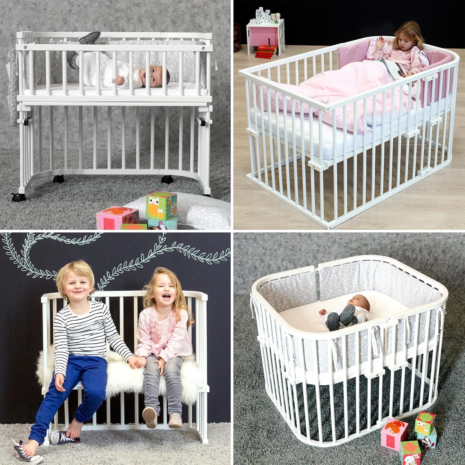 babybay Original Beistellbett aus massivem Buchenholz / kompakt & verwandelbar / Kinderbett Höhe stufenlos verstellbar & umweltfreundlich / mitwachsendes Babybett (weiß lackiert) / inkl. Matratze