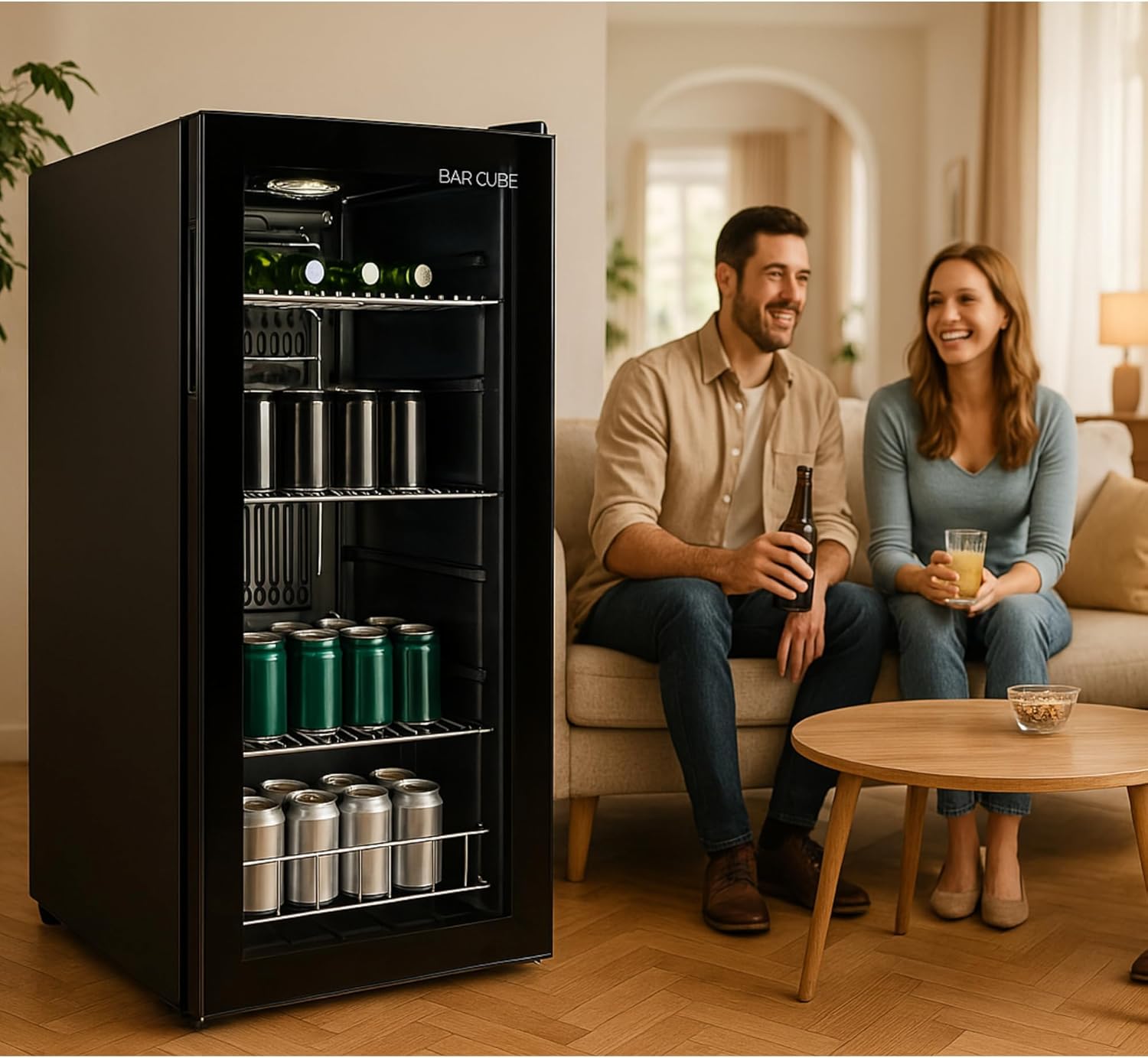 °CUBES Getränkekühlschrank 90L mit Glastür & 4 variablen Ablagen | Kompakter Flaschenkühlschrank, perfekt für zu Hause, Büro, Partys & Gastro | Stilvoller Kühlschrank mit Glastür, schwarz